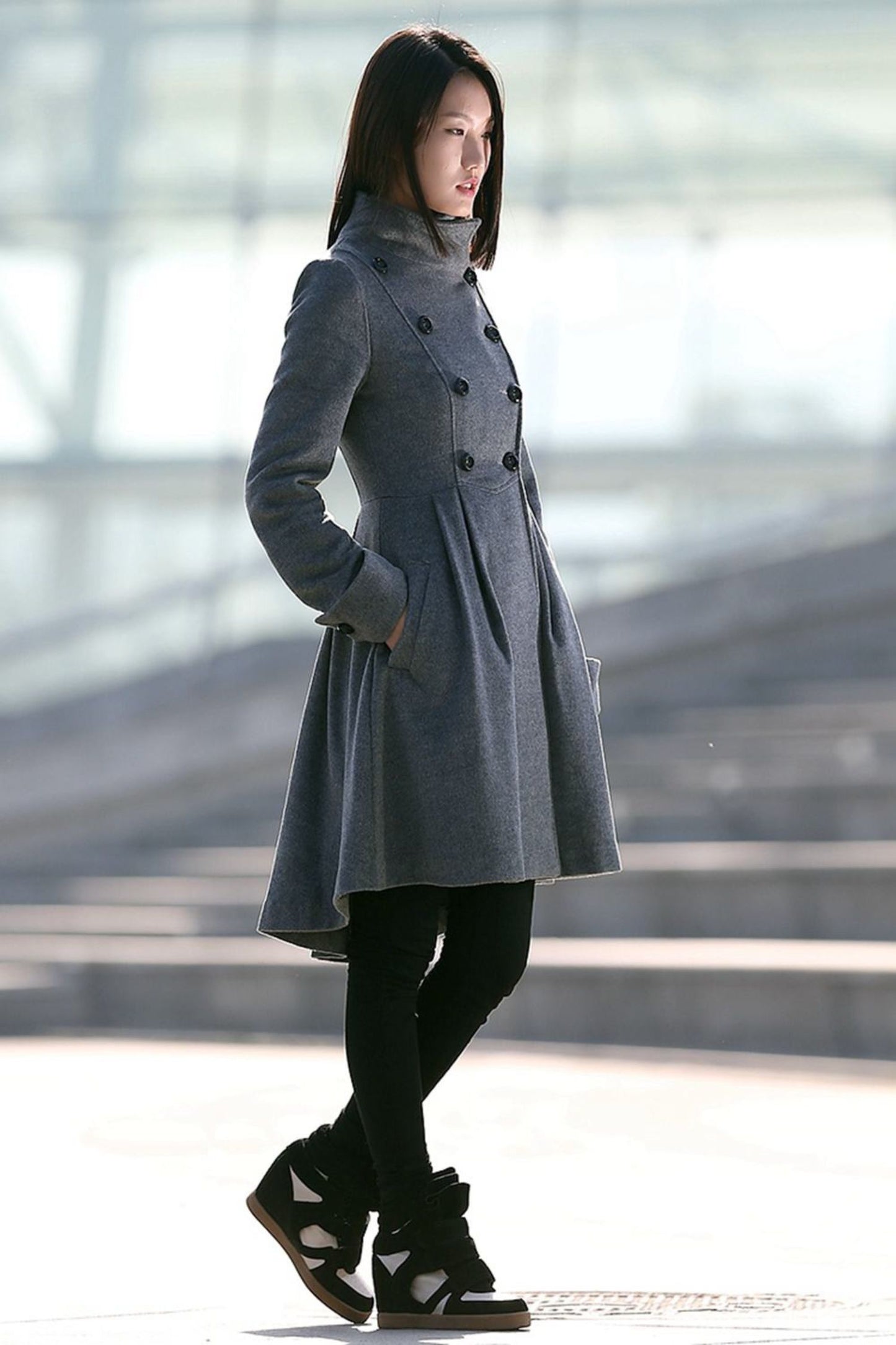 Asymmetrical winter wool coat with pockets C157