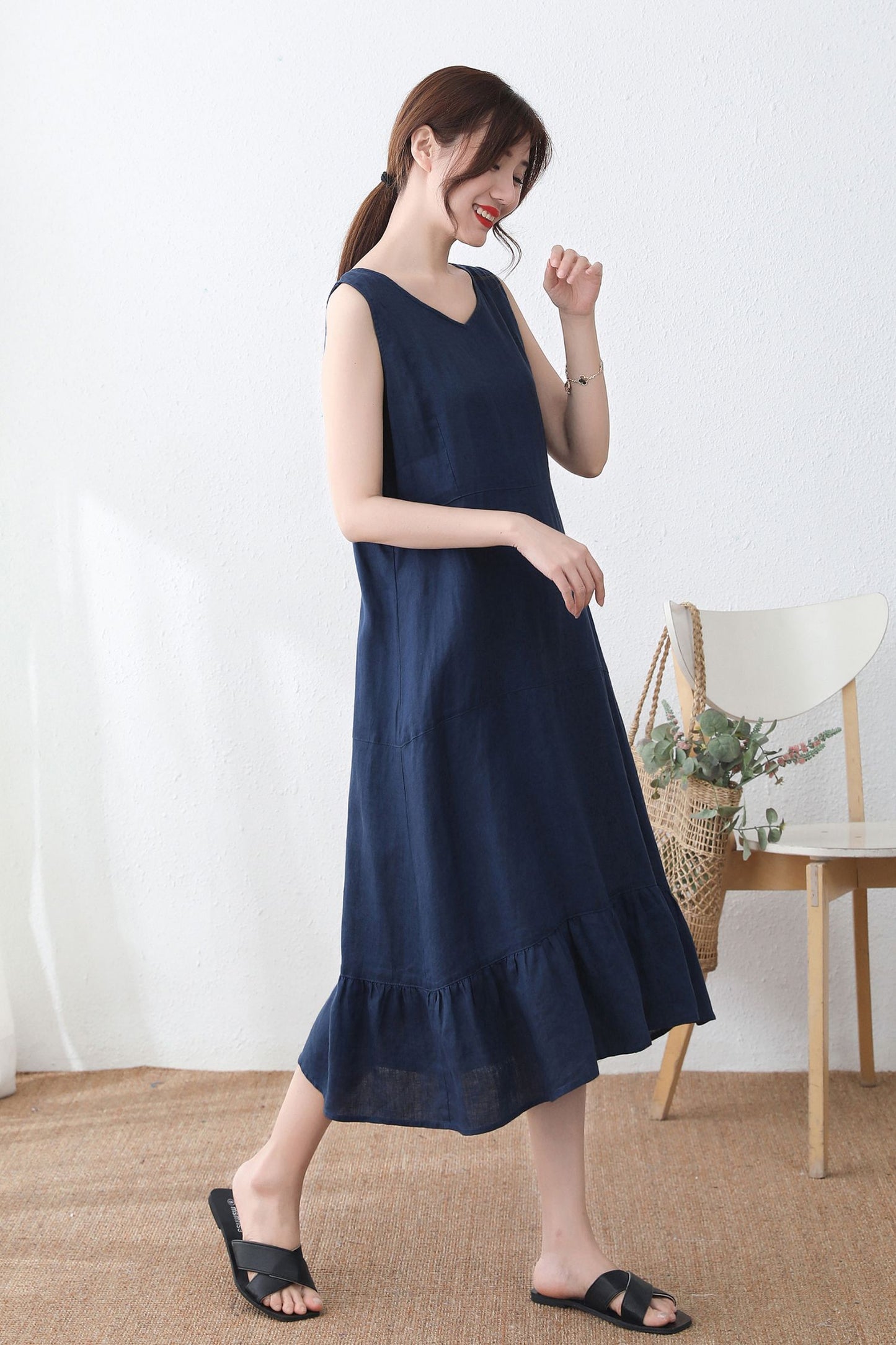 Blue V Neck Sleeveless Dress for Women C2331