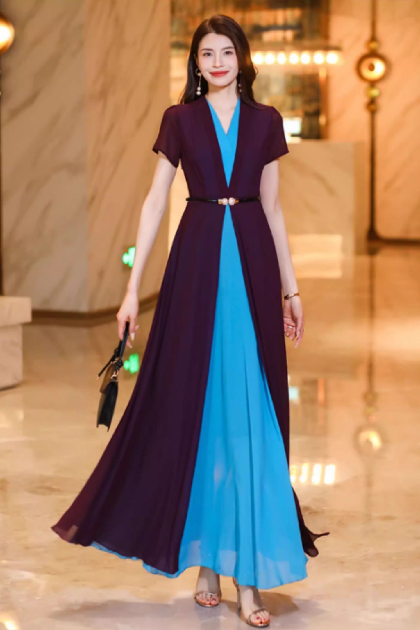 Maxi block color prom chiffon dresses C4932