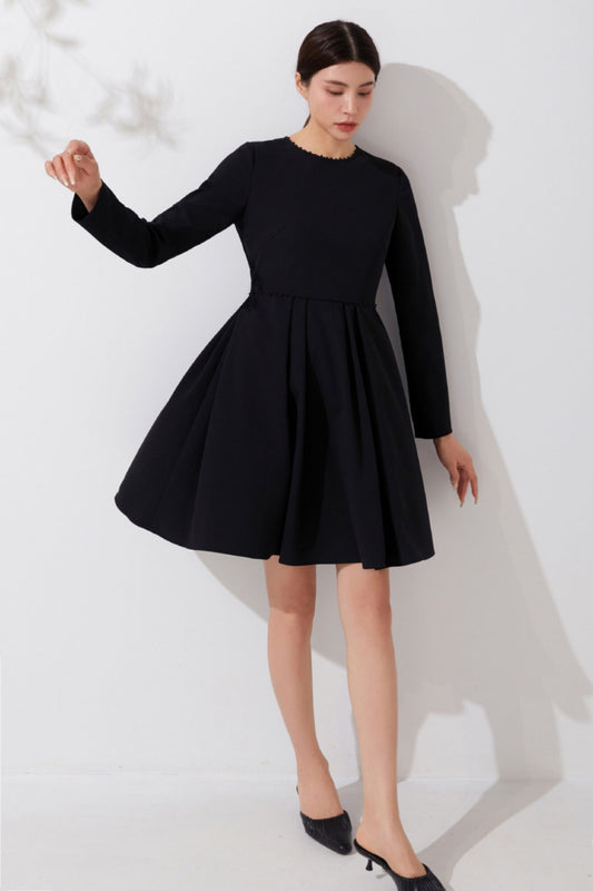 Black Polyester Swing Dress - Fit and Flared, Long Sleeve C3896