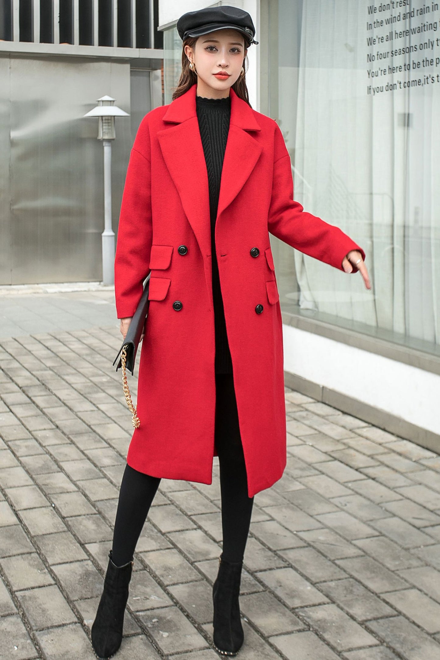 Wool Trench Red Coat Women C2569