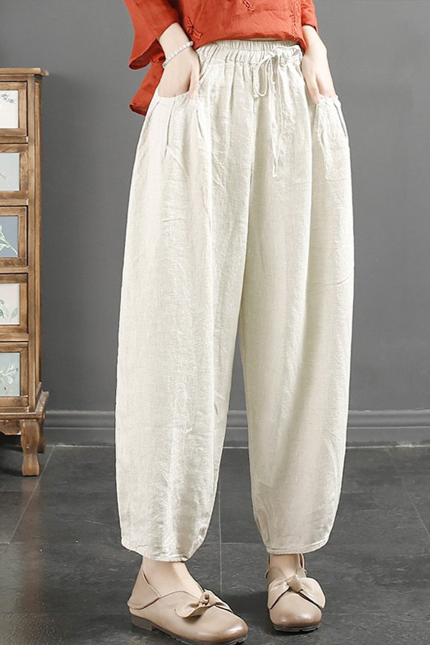 Casual Linen Women's Elastic Waist Tie Haren Pants C3894