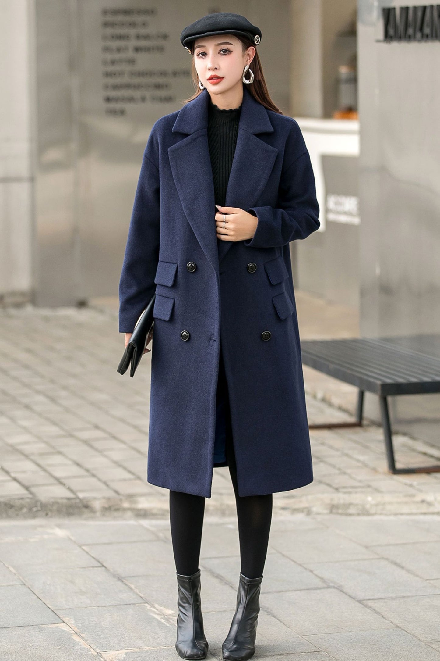 Navy Blue Long Winter Wool Coat C2544