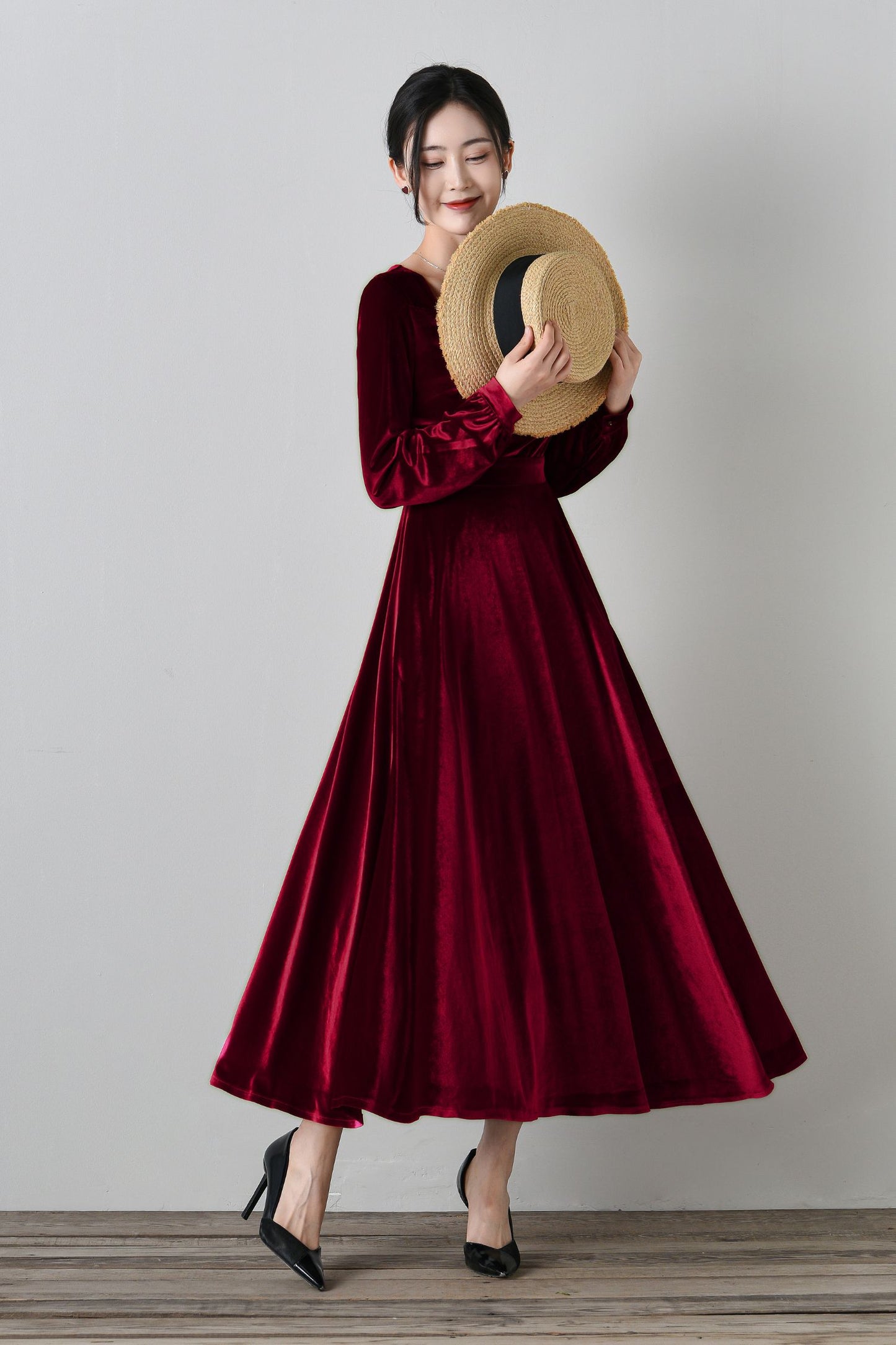 Elegant Burgundy Velvet Long Dress C4699