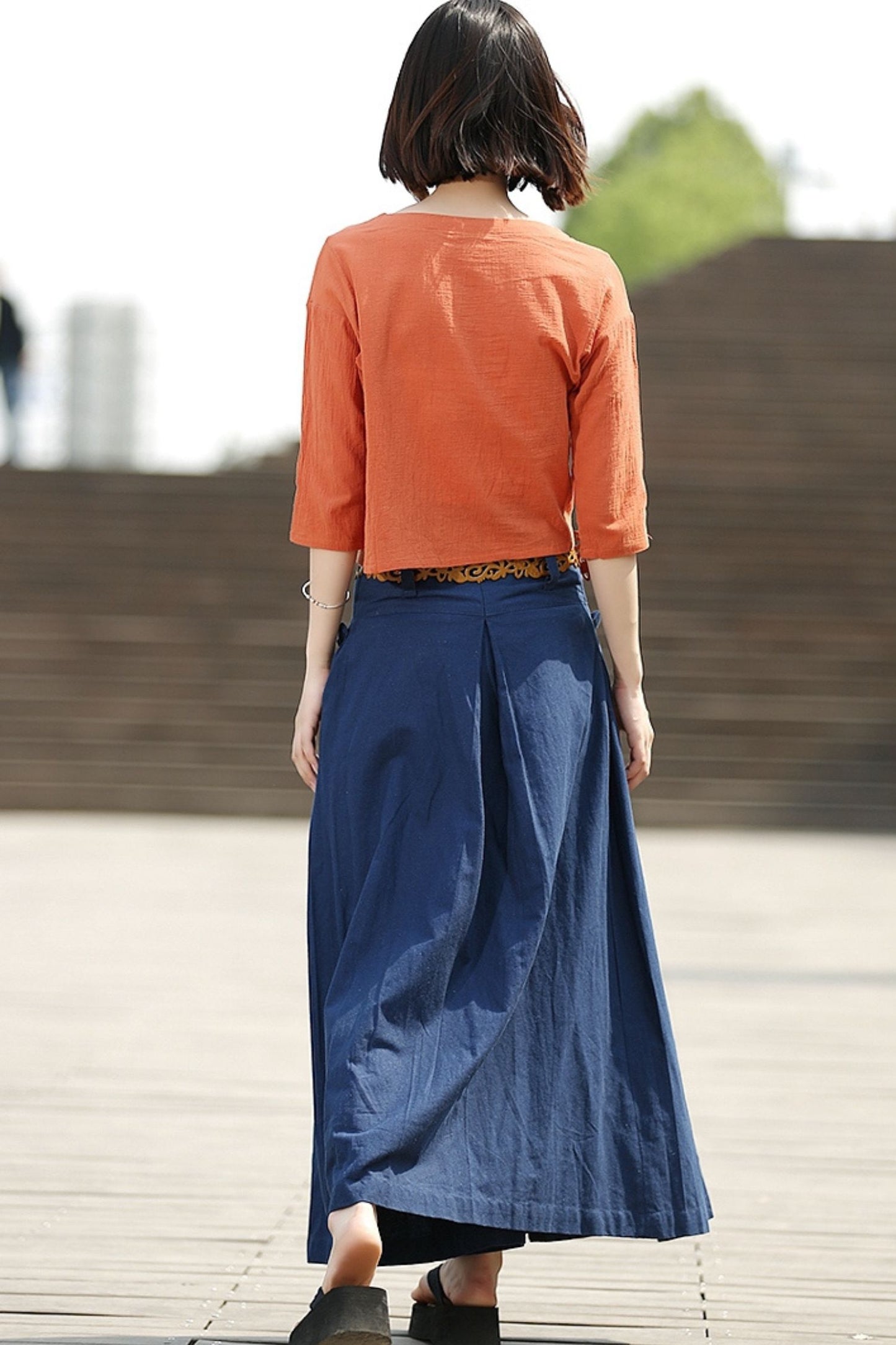 Blue Linen Maxi Summer Skirt with Deep Waistband & Pockets C364