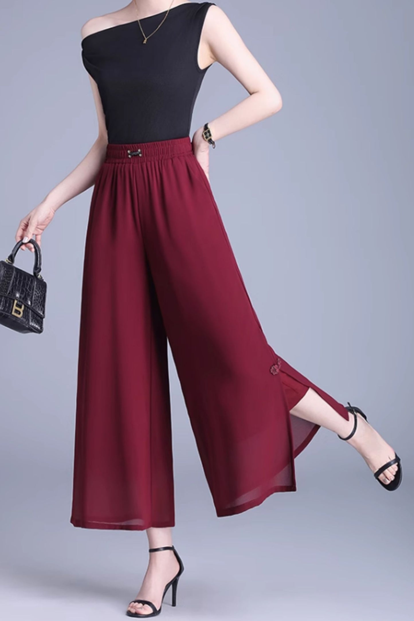 Elastic waist loose fitting chiffon pants C5022
