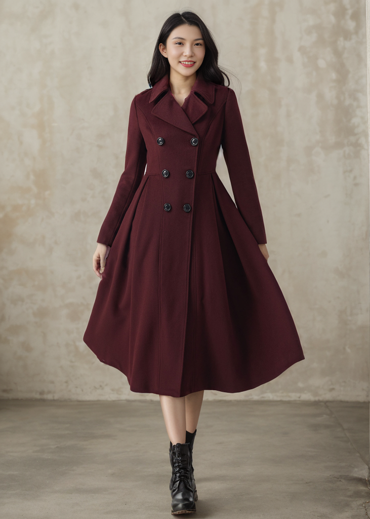 Long Swing Princess Burgundy Wool Coat C4411