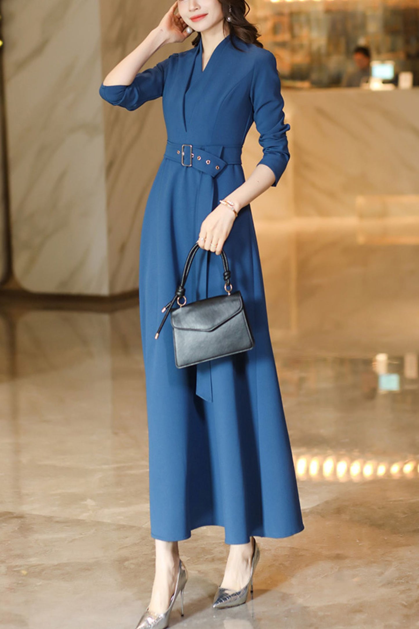 Women's blue spring and autumn V neck long dress C4187