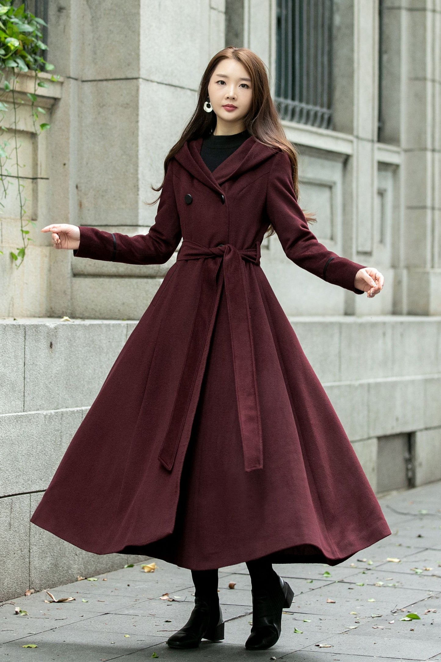 Hooded maxi winter trench wool coat C4506