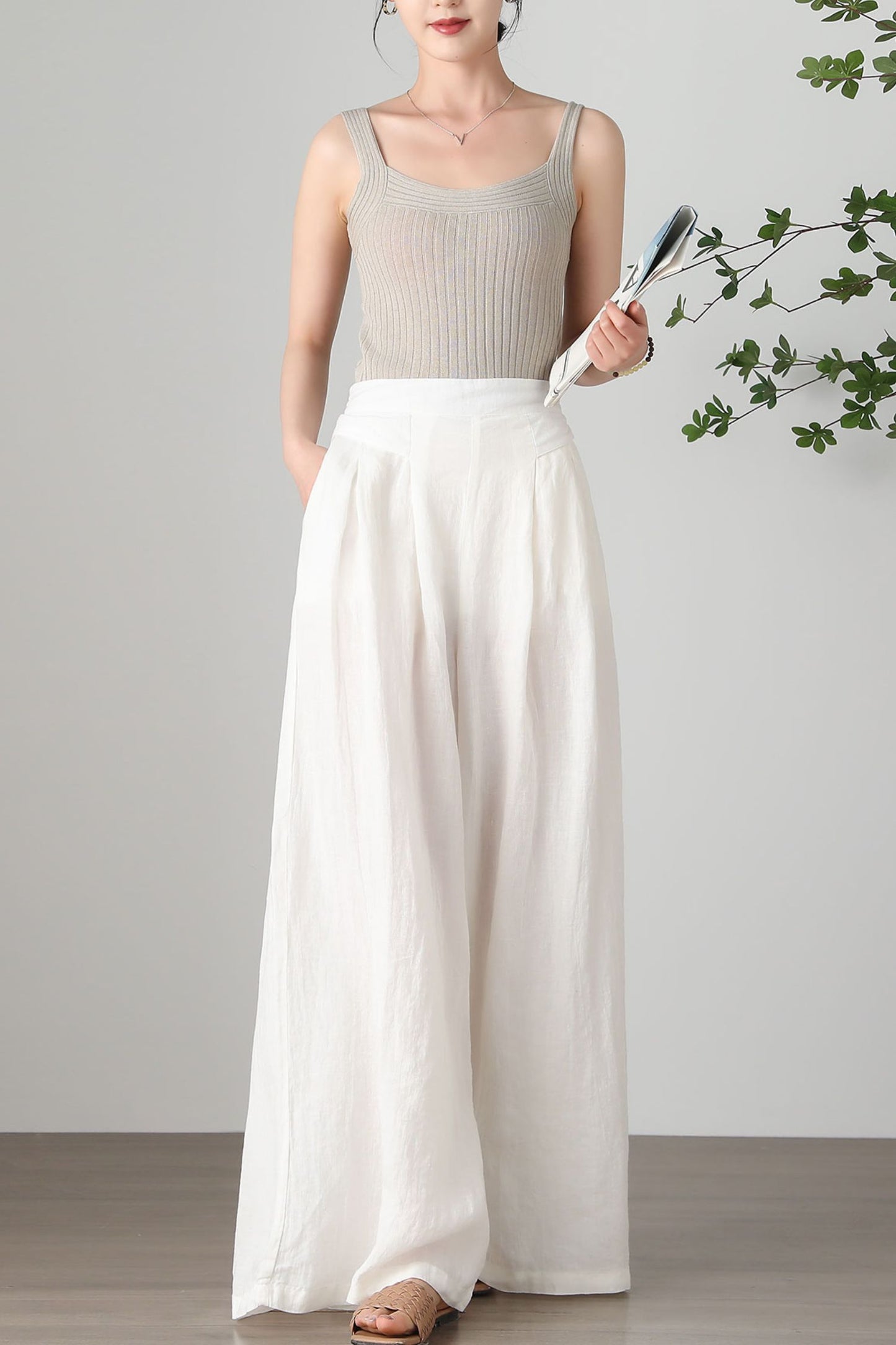 Women's Plus Size White Linen Pants C3257