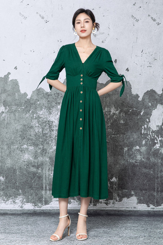 Dark Green Linen Midi Dress: V-Neck Button Down Dress with Puff Sleeves, Ylistyle C5473