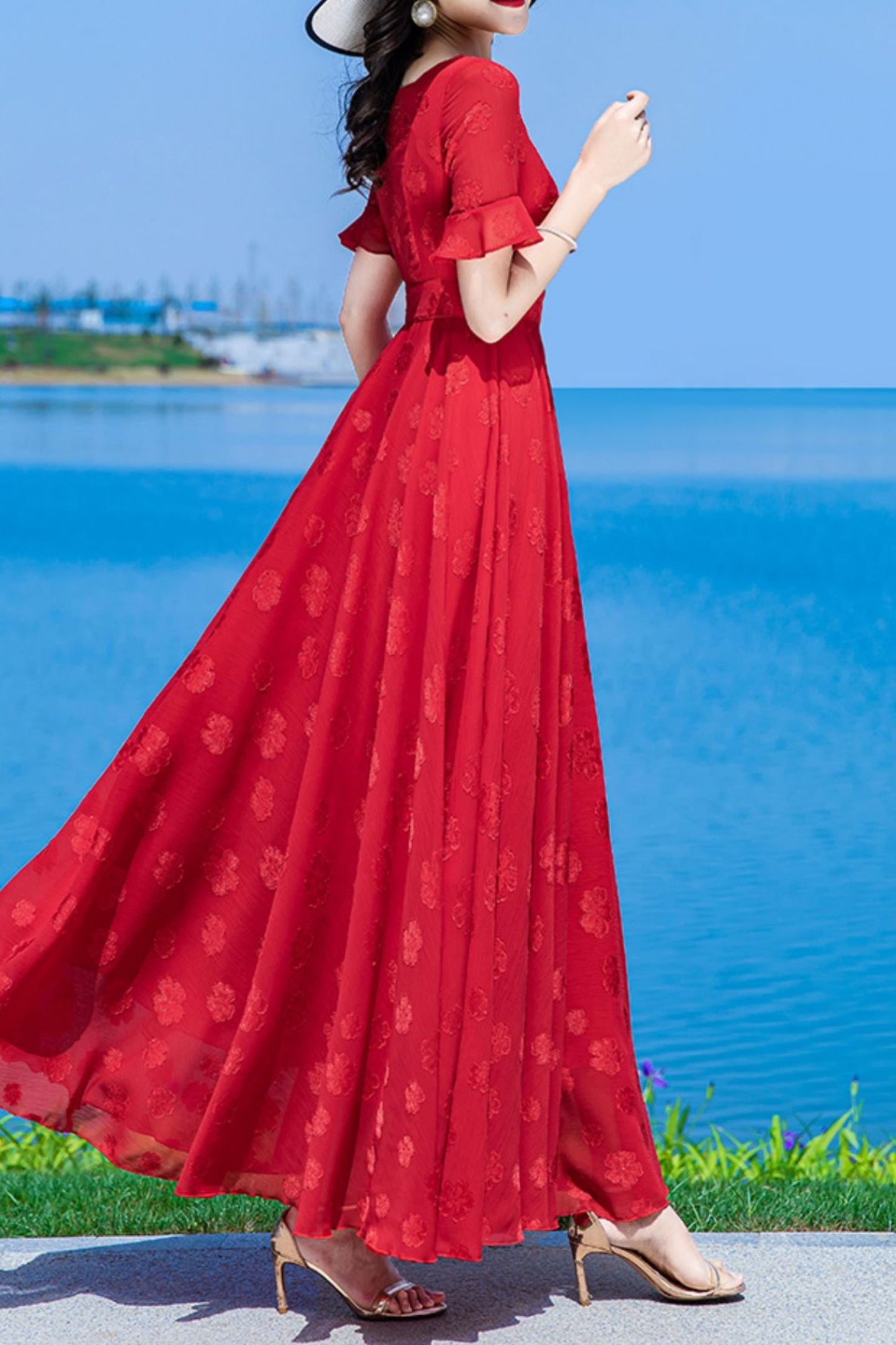 Red chiffon women dress C3998