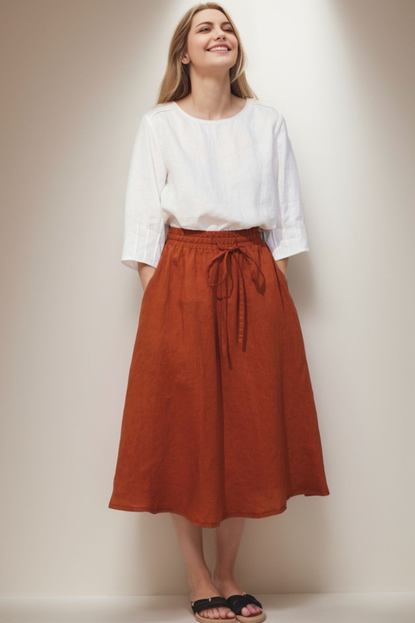 Elegant Orange Elastic Waist Skirt C4135