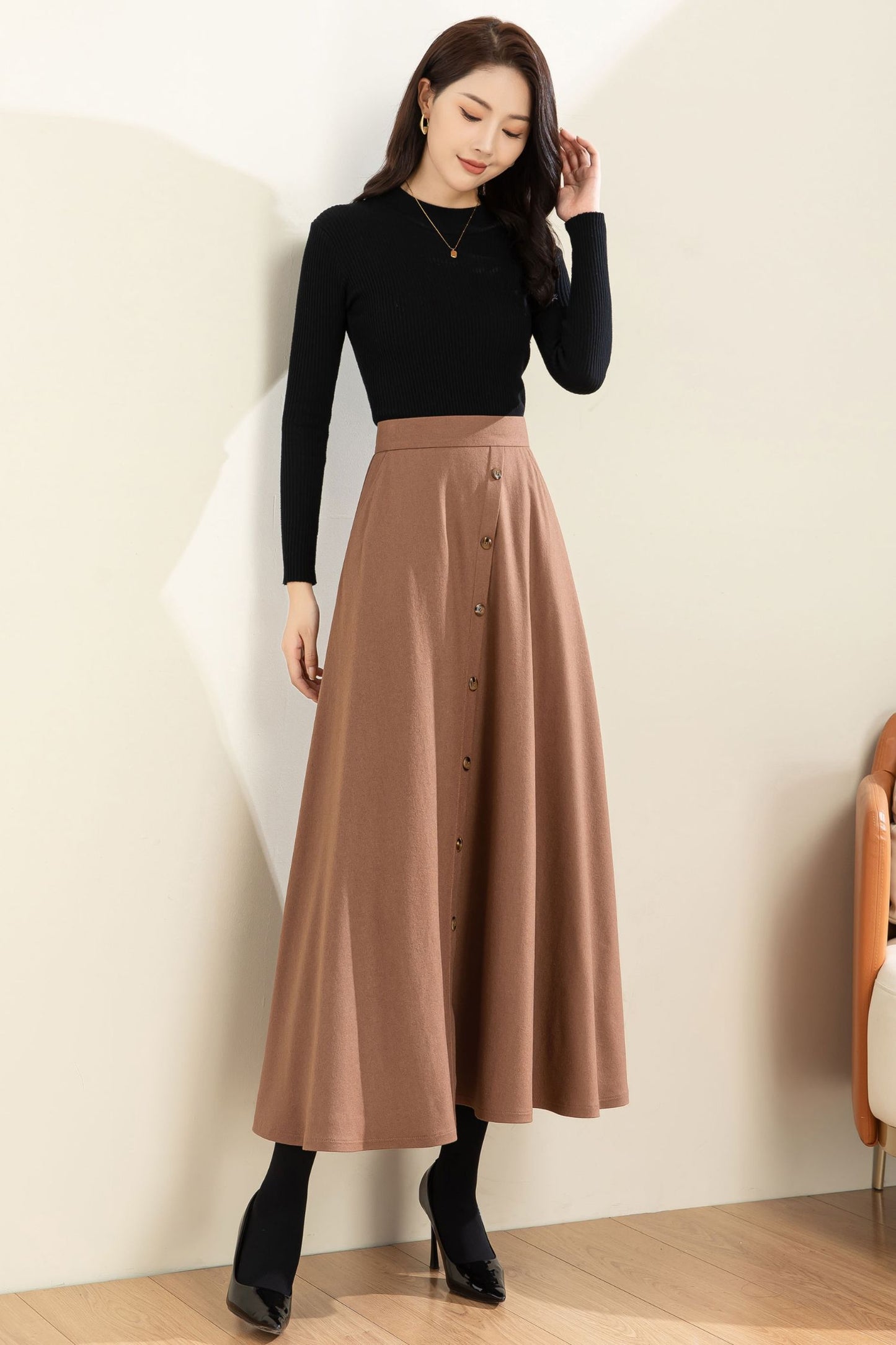 Midi Wool A Line Button Down Skirt C3602