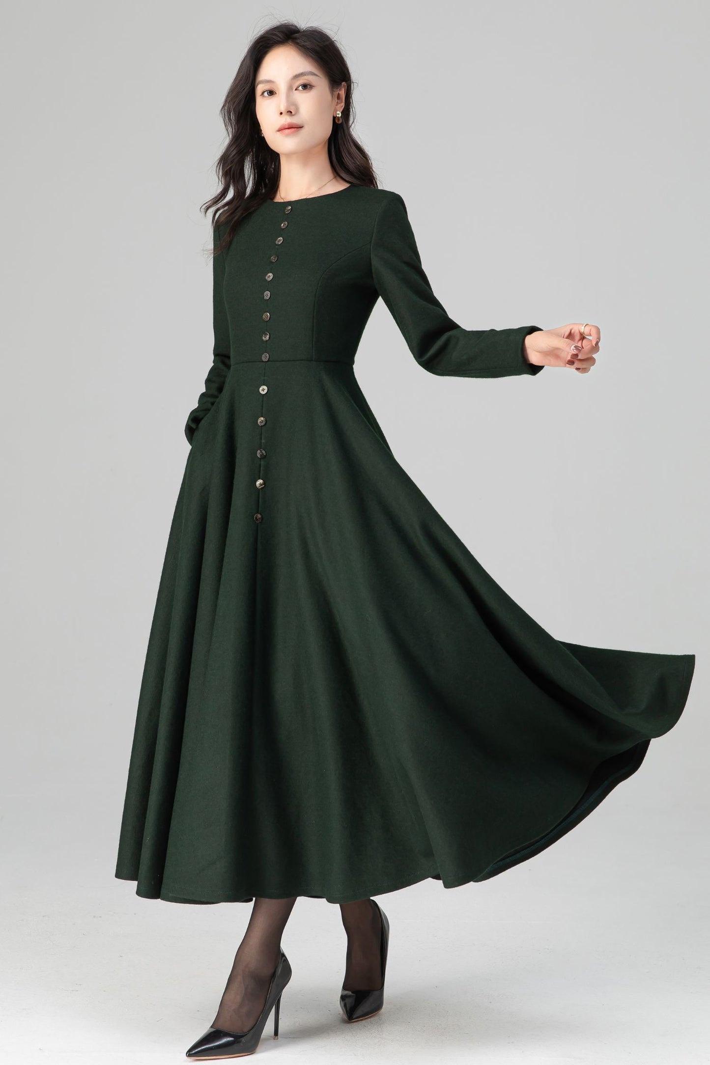 Retro Button Down Dark Green Midi Maxi Wool Dress C5202