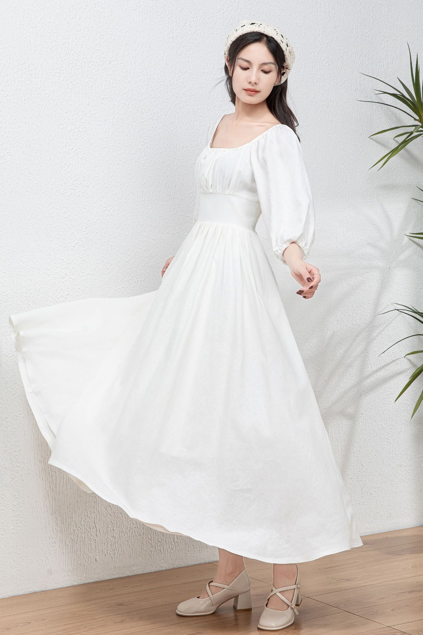 White Linen Swing Dress - Flowy Midi linen Dress C4766