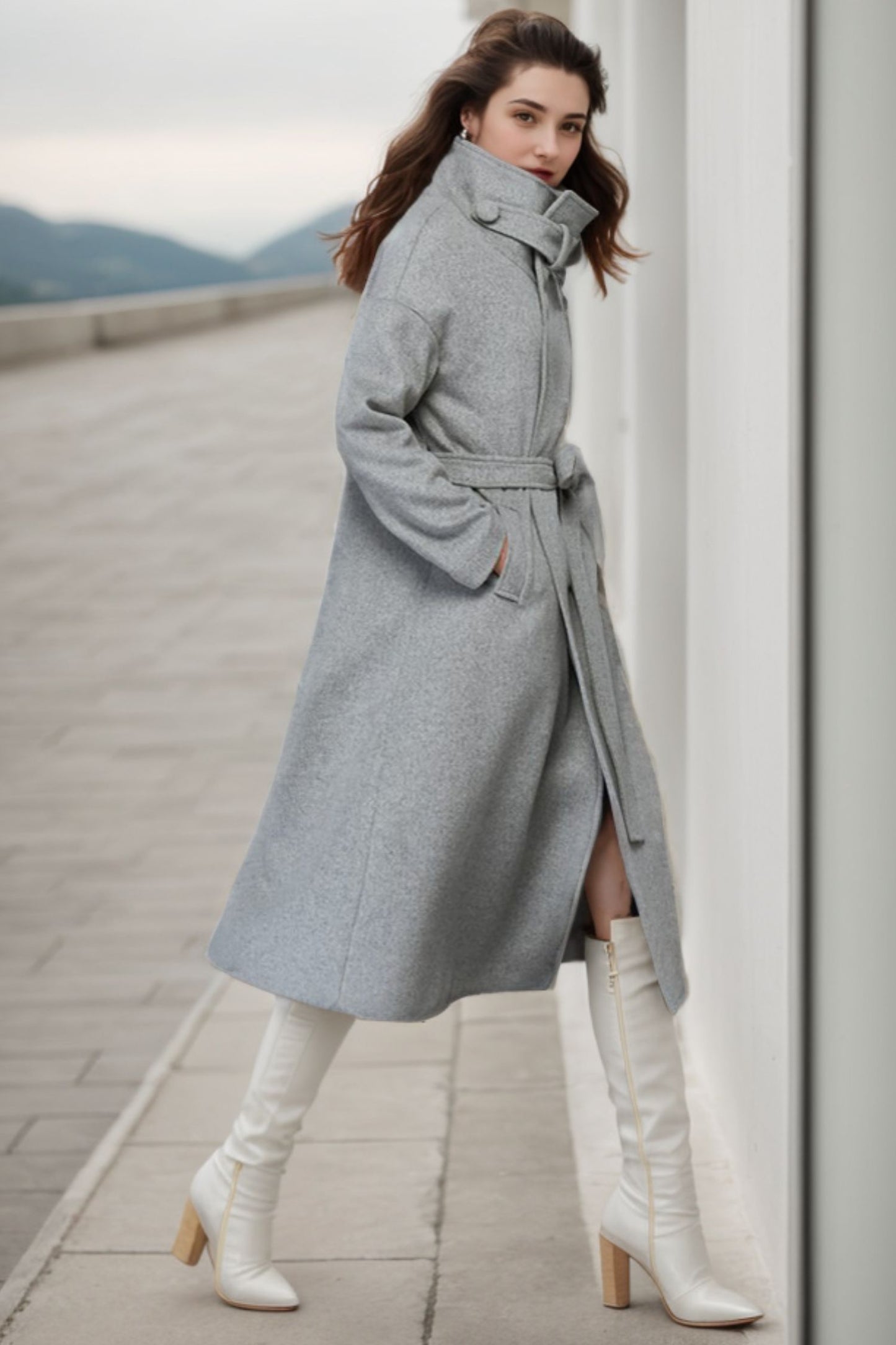 Midi wool gray trench belt coat C4274
