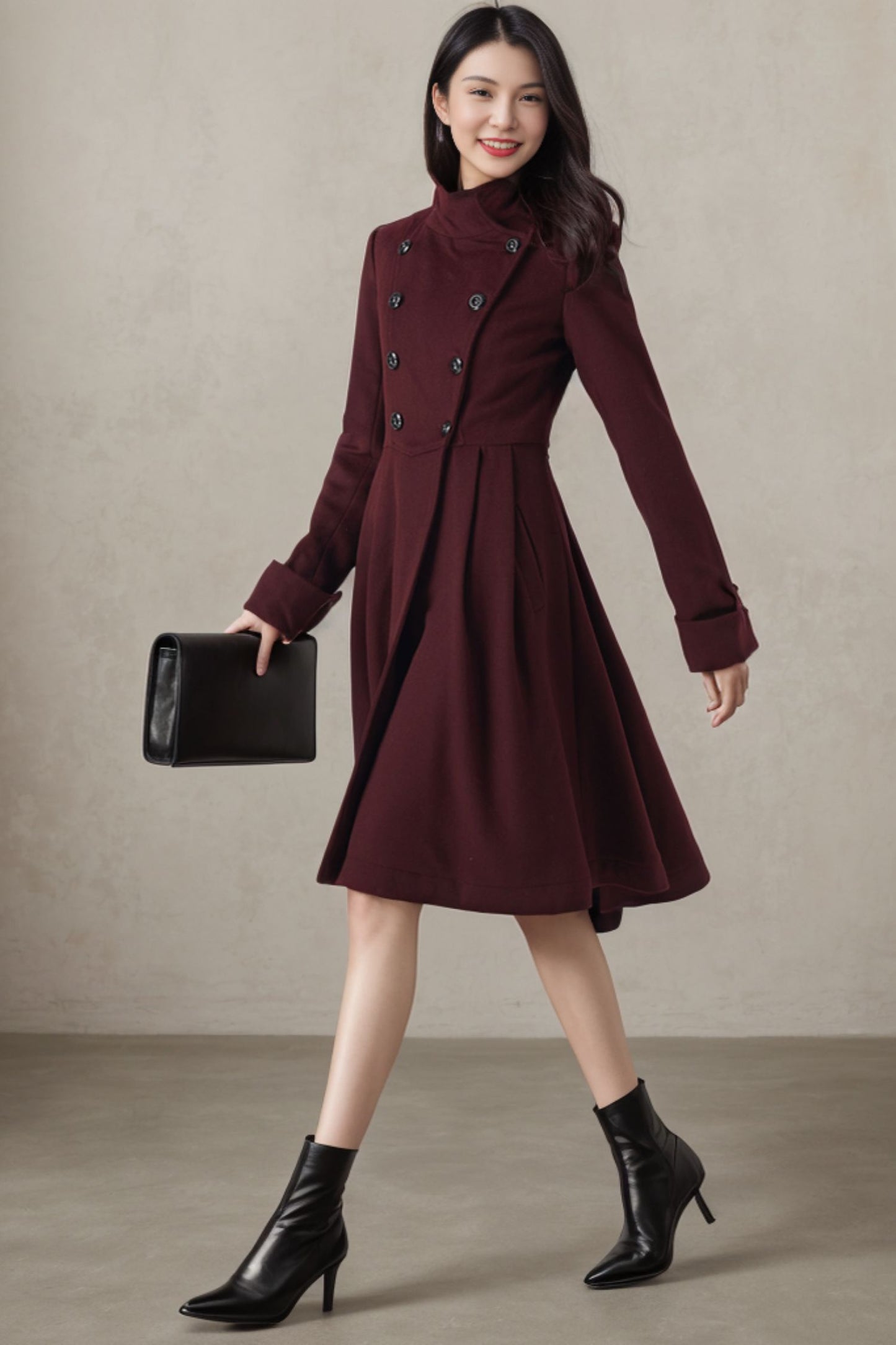 Burgundy Double Breasted Wool Coat Women C4409