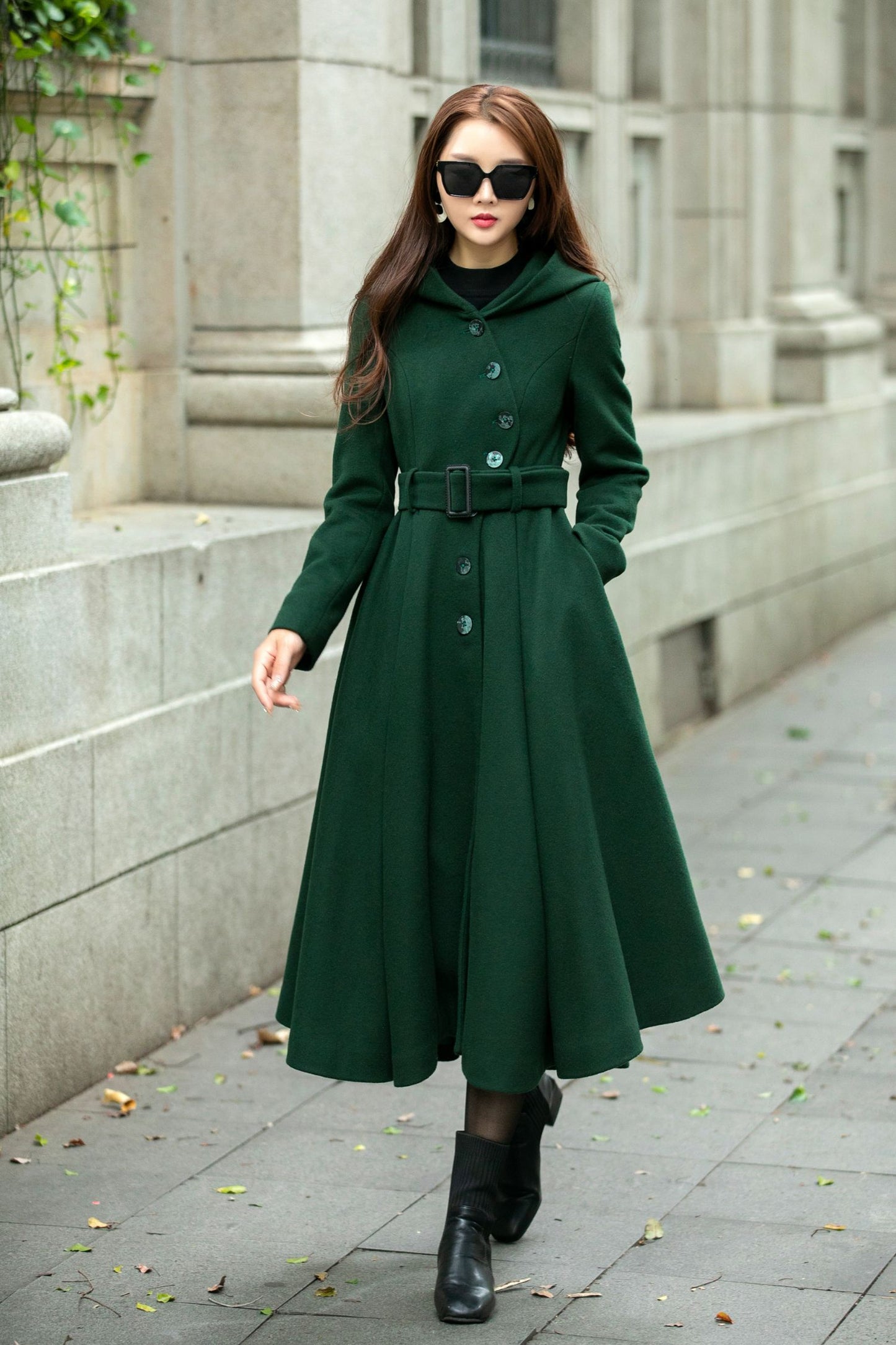 Swing green hooded wool coat C4503