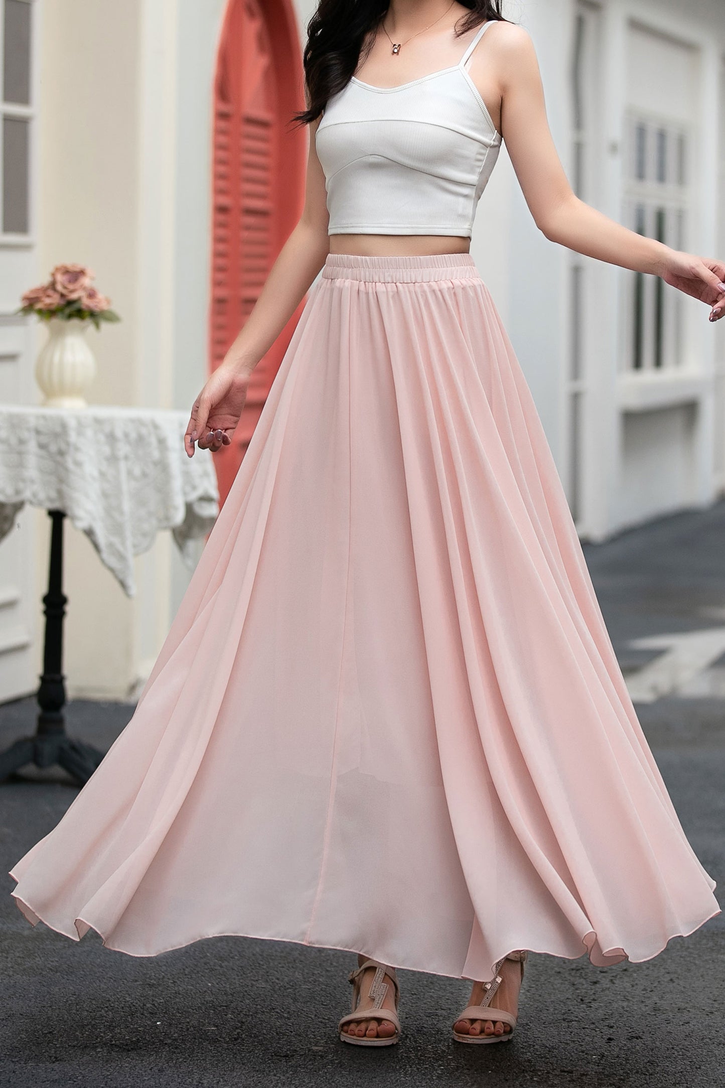 A line pink long chiffon skirt women C5034
