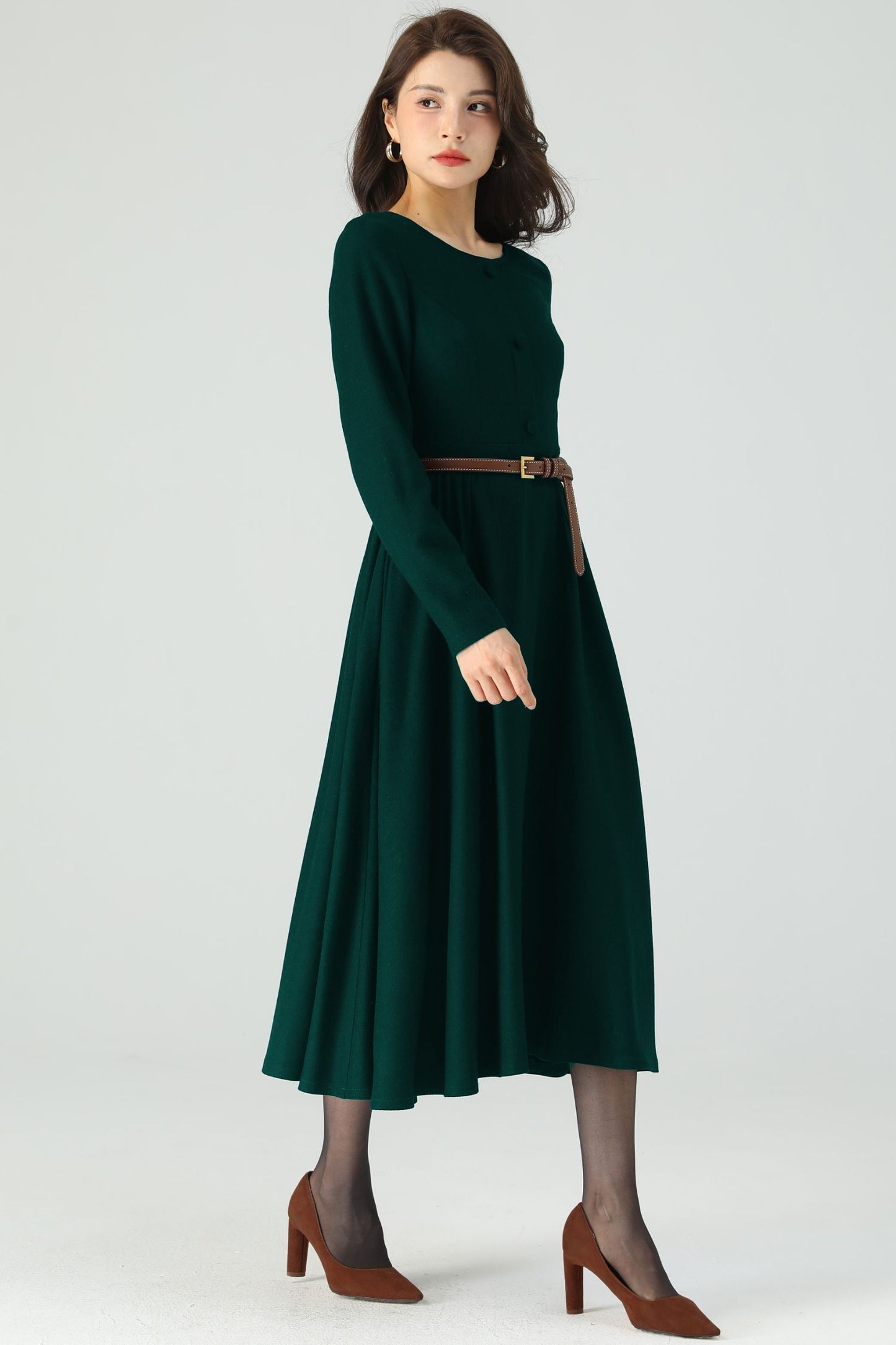 Dark Green Midi Wool Dress C4528
