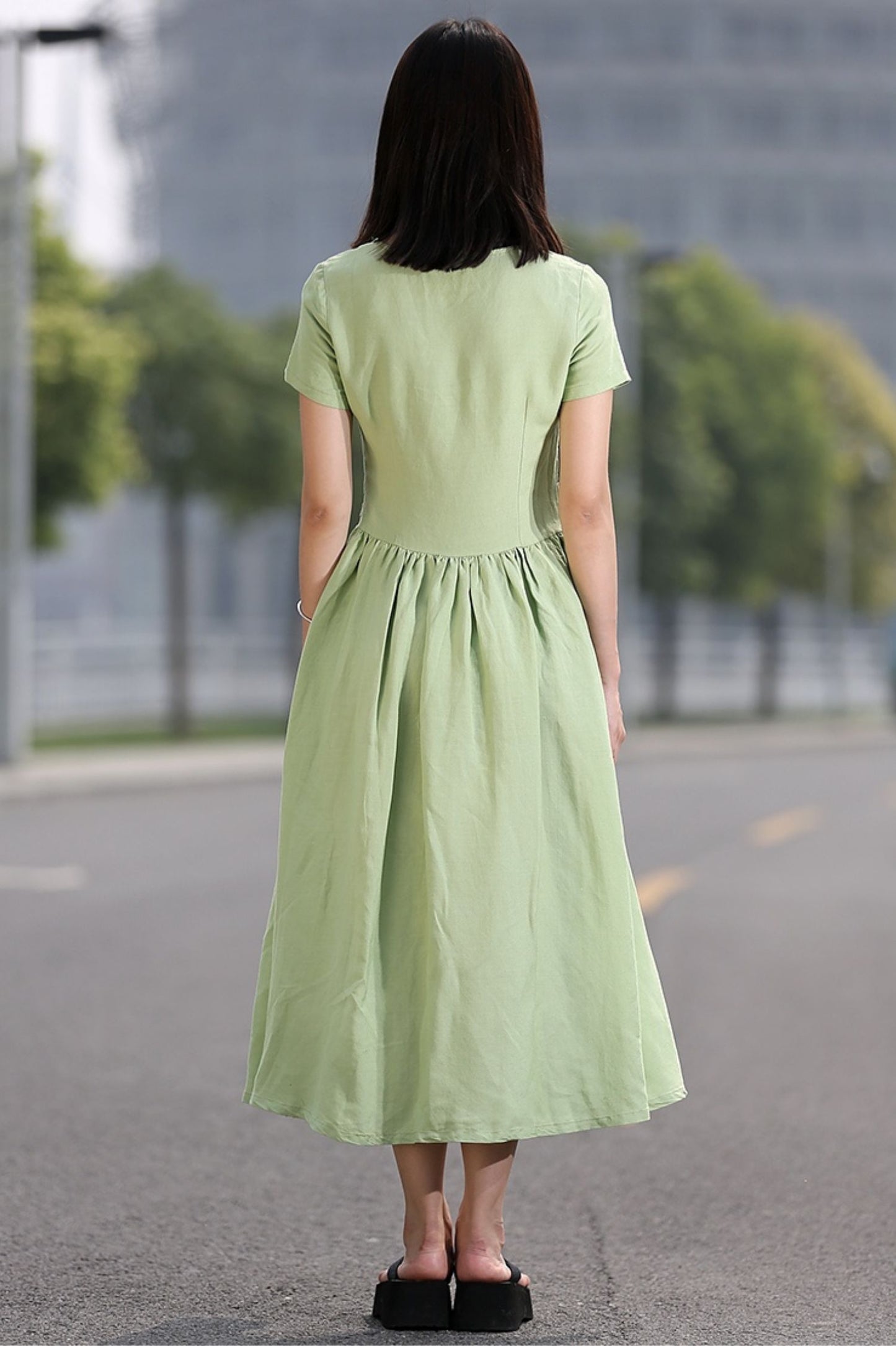 Loose Fitting Short Sleeve Unique Sweep Summer Dress in Lemon Green C258