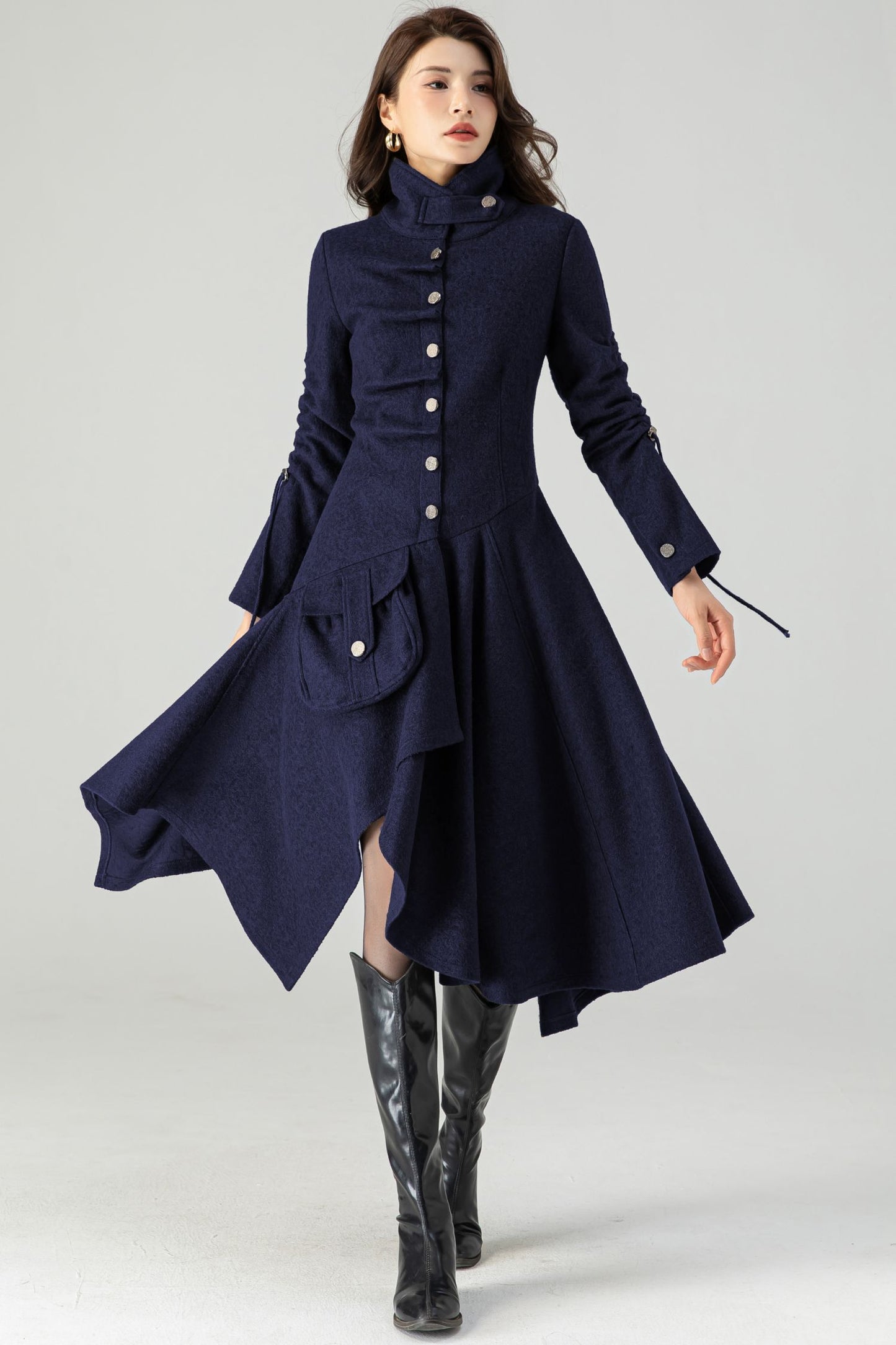 Asymmetrical Single Breasted Navy Blue Wool Coat C4518
