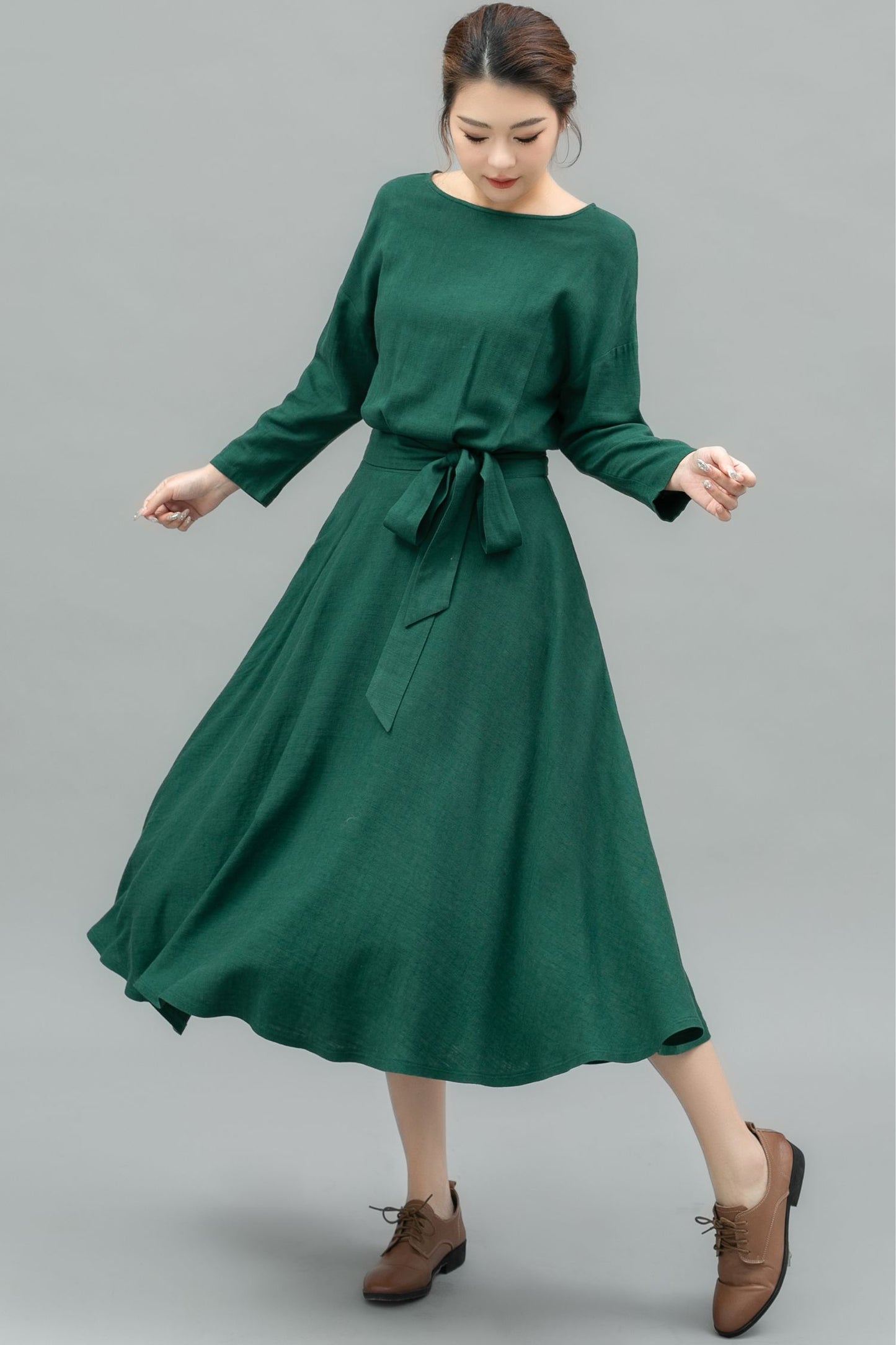 Elegant Green Linen Midi Dress C4740