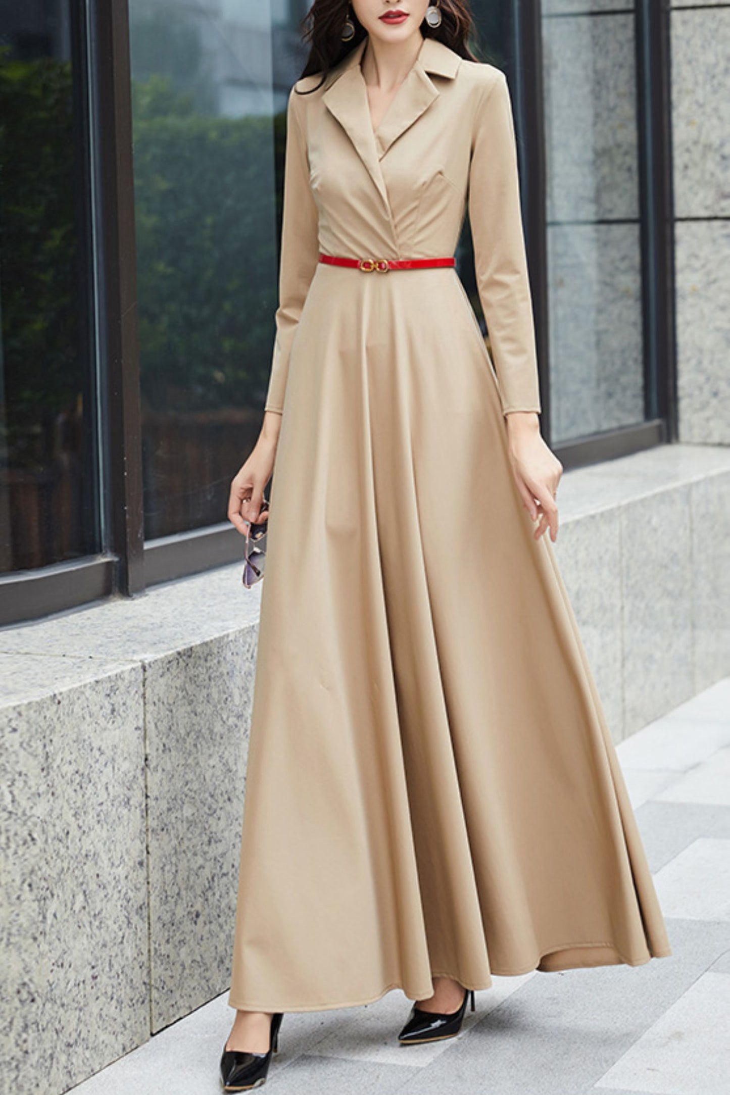 Khaki long-sleeved suit collar long dress C4179