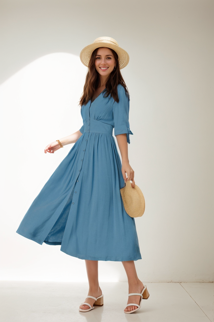 Deep V-neck Linen Dress c2914