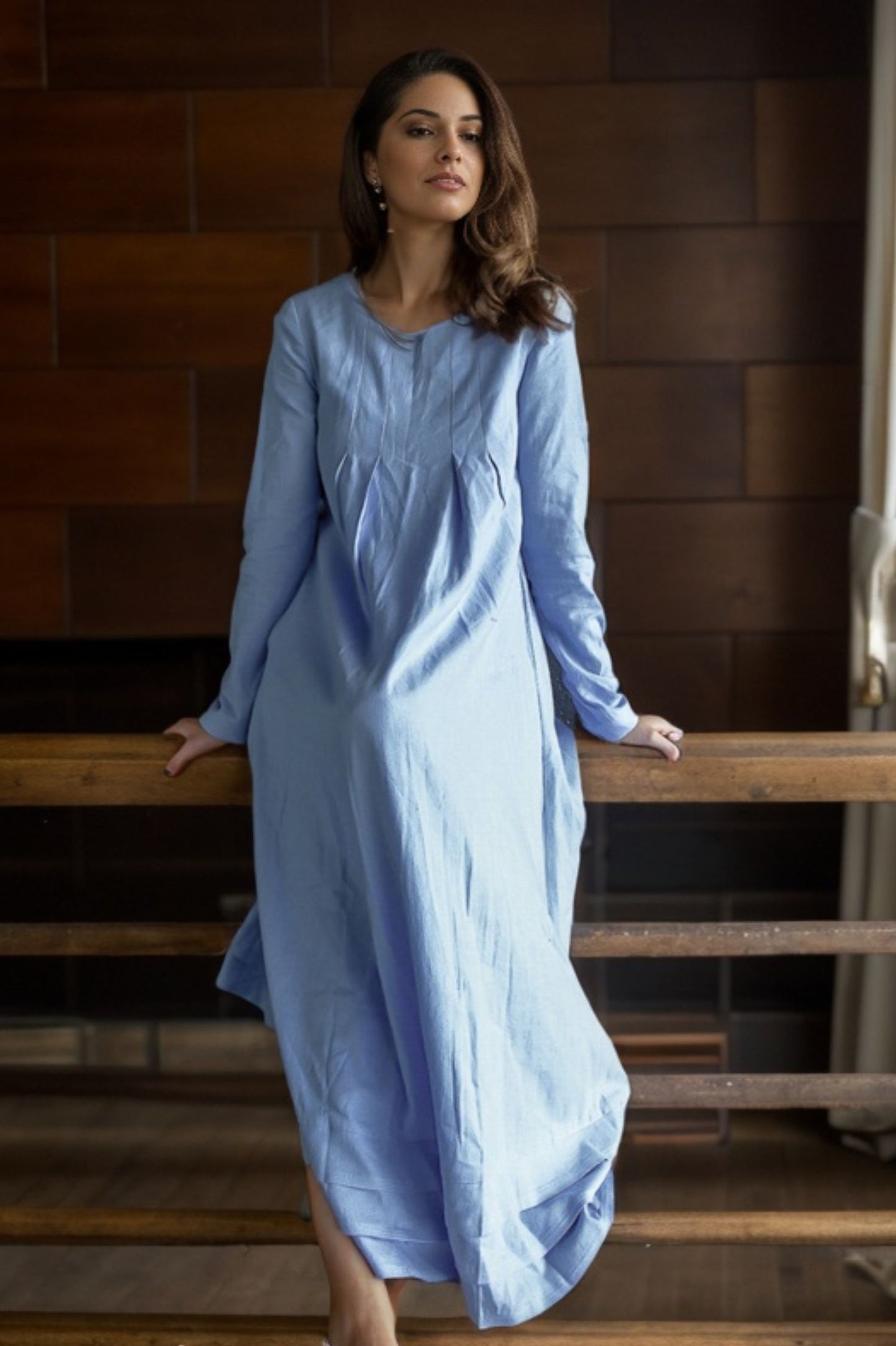 Blue Linen Dress - Semi-Fitted Long Midi Plus Size Long-Sleeved dress C4631