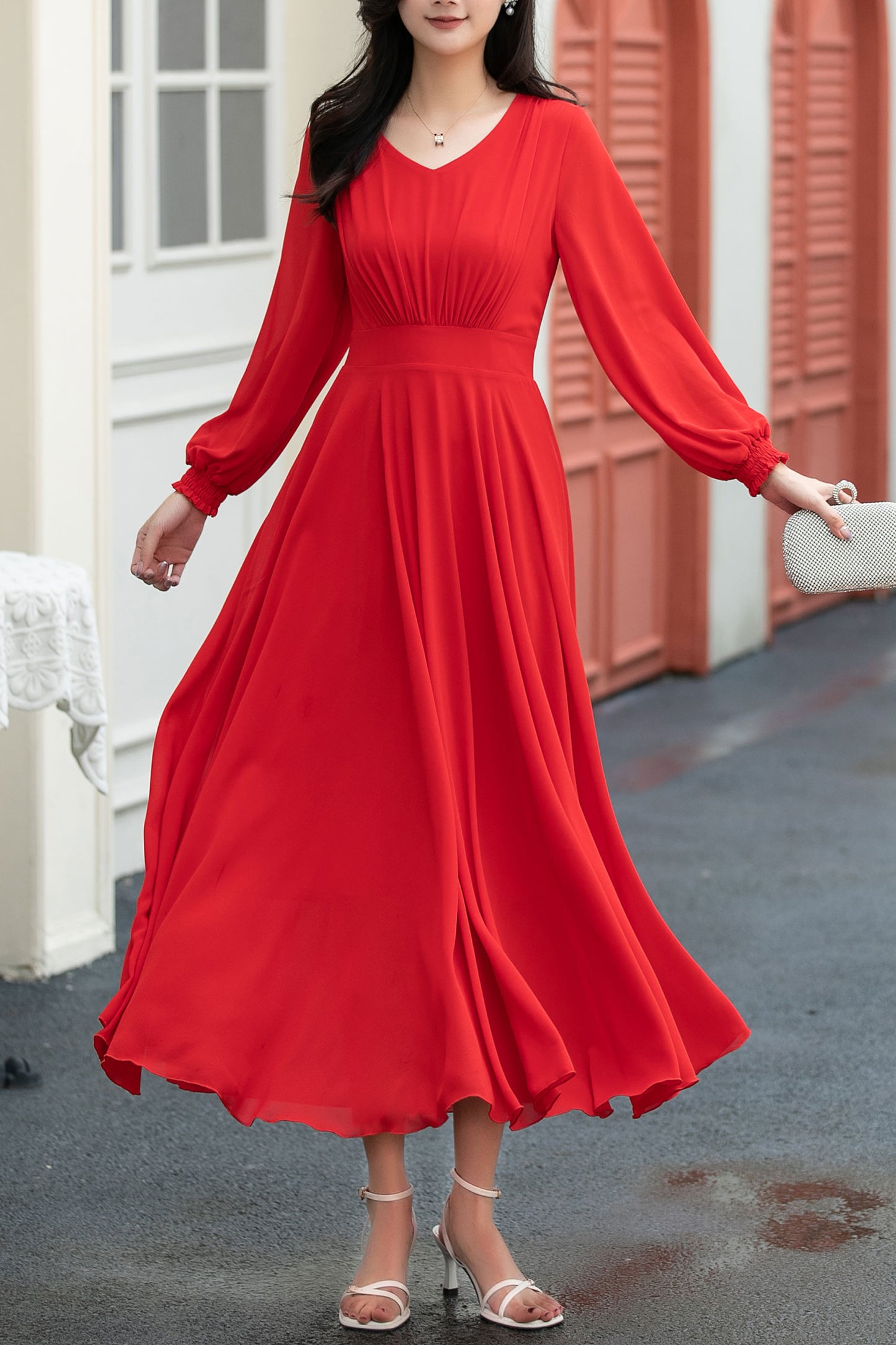 red fit and flare long chiffon dress C5039