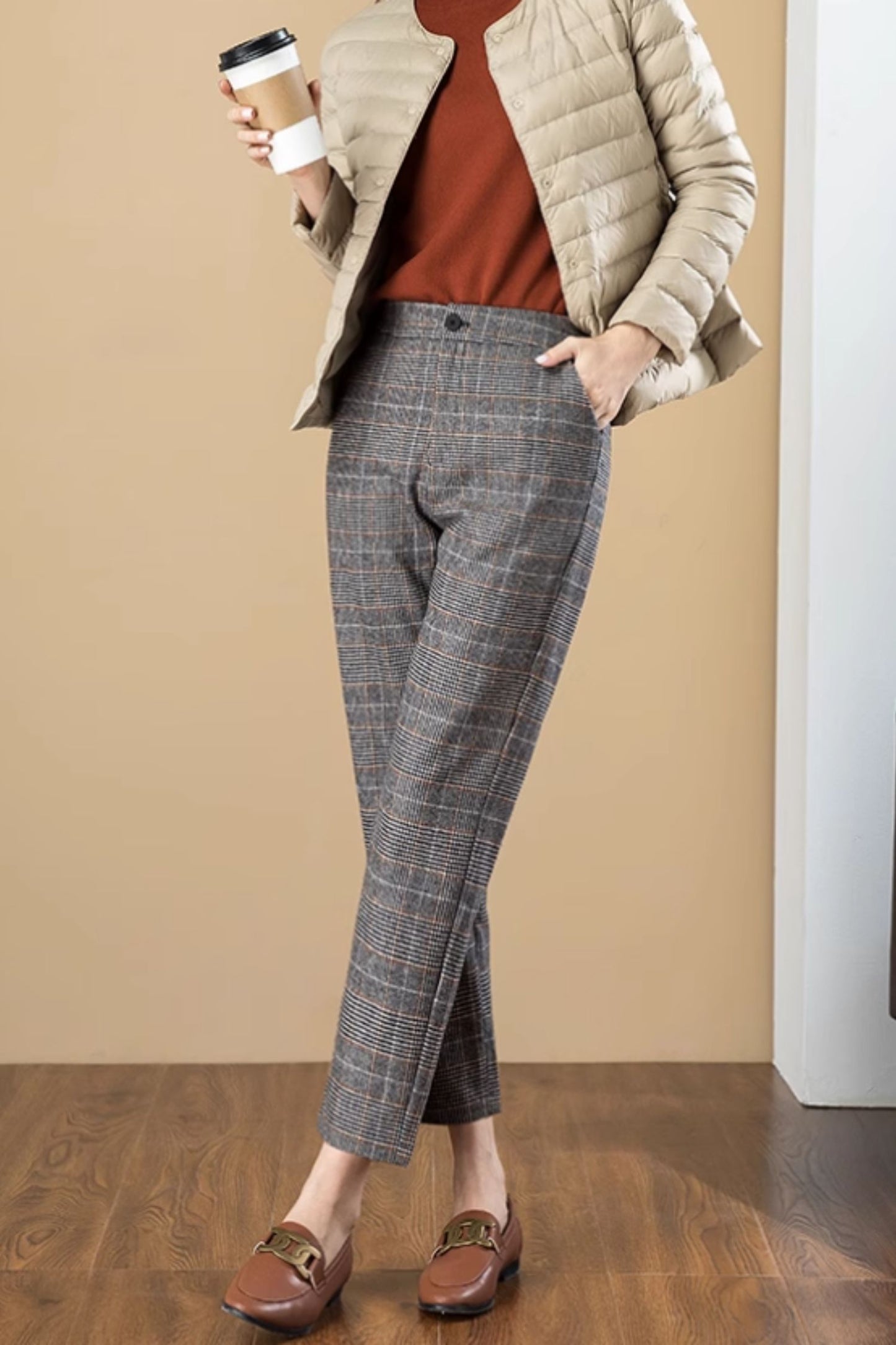 Plaid winter wool pants for women C4651
