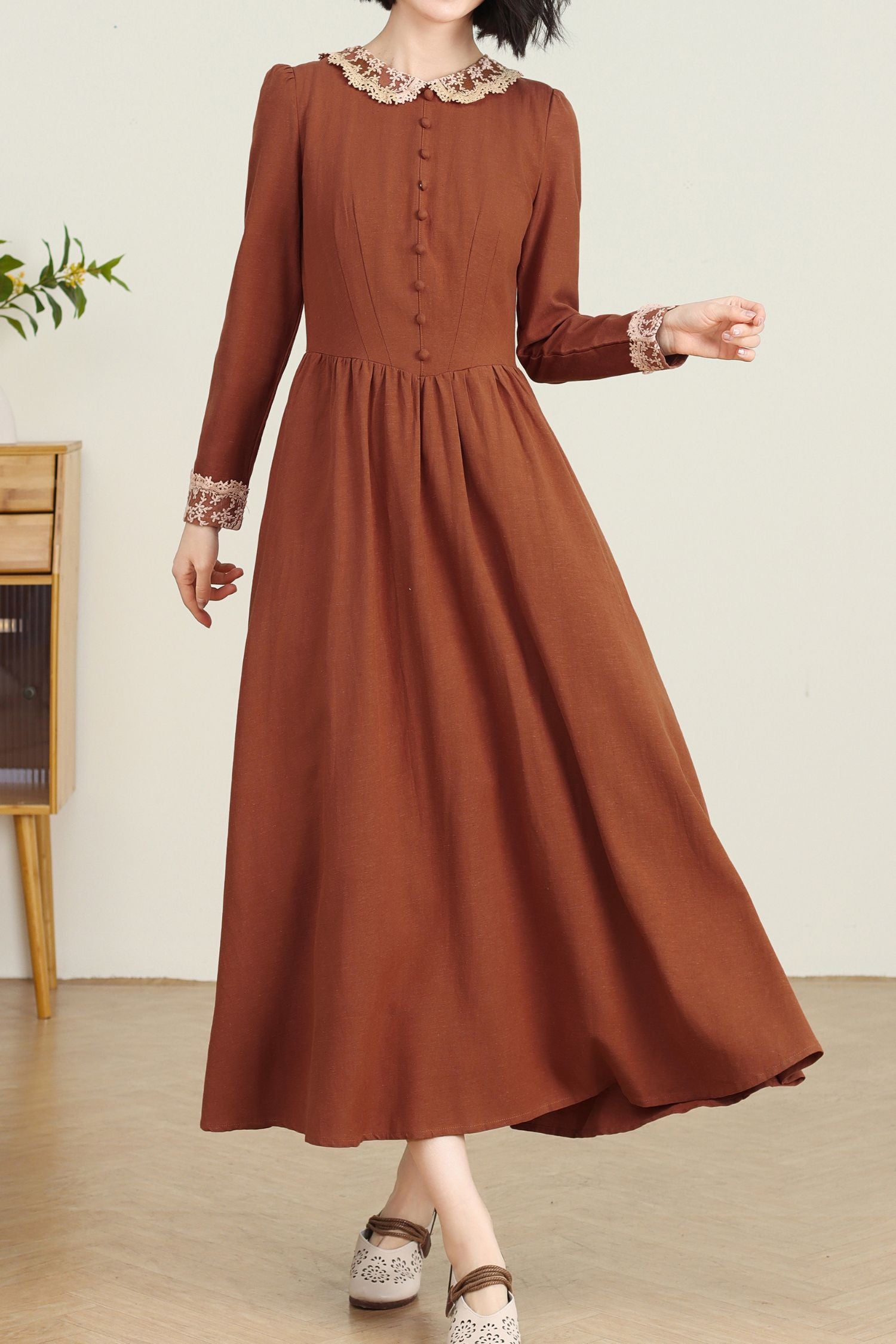 Vintage Regal Style Spring Rust Red Linen dress with Lace C4736 YLISTYLE Vintage Regal Style Spring Rust Red Linen dress with Lace C4736 YLISTYLE