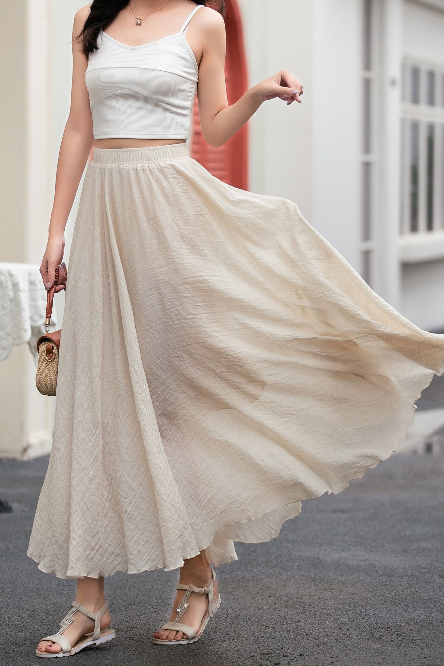 A line beige long linen skirt women C5033