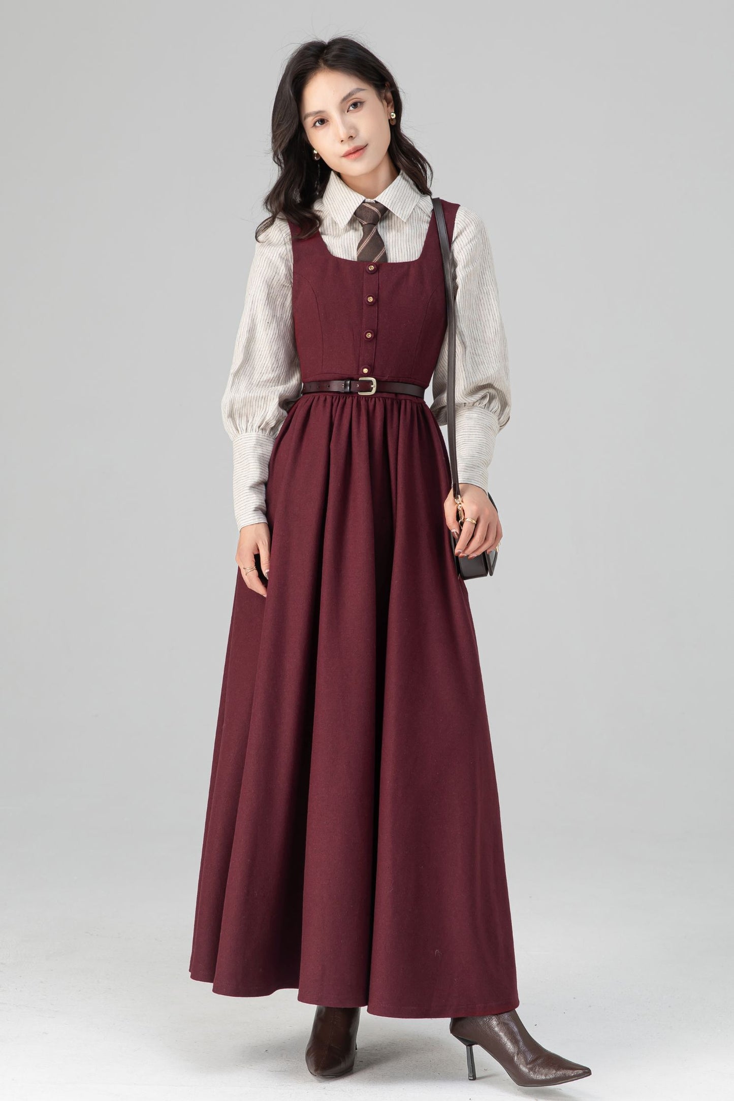 Dark Red Women's Pinafore Wool Dress C5205