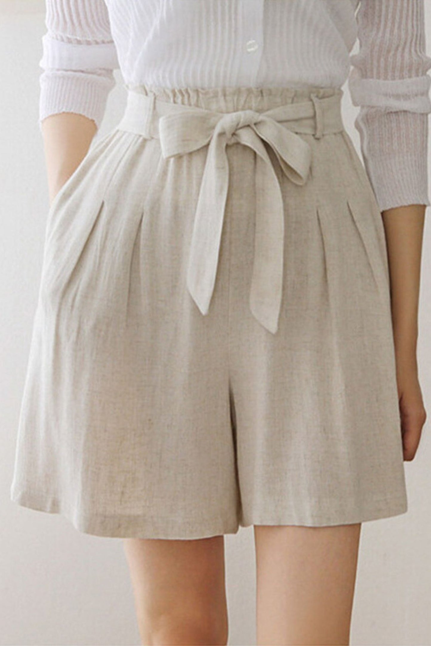 Womens Linen High Elastic Waist Summer Casual Shorts with Pocket C3161