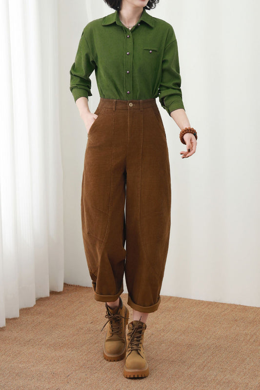 Brown Cotton Corduroy Barrel Pants: High Waist Cropped Trousers, Ylistyle C5449