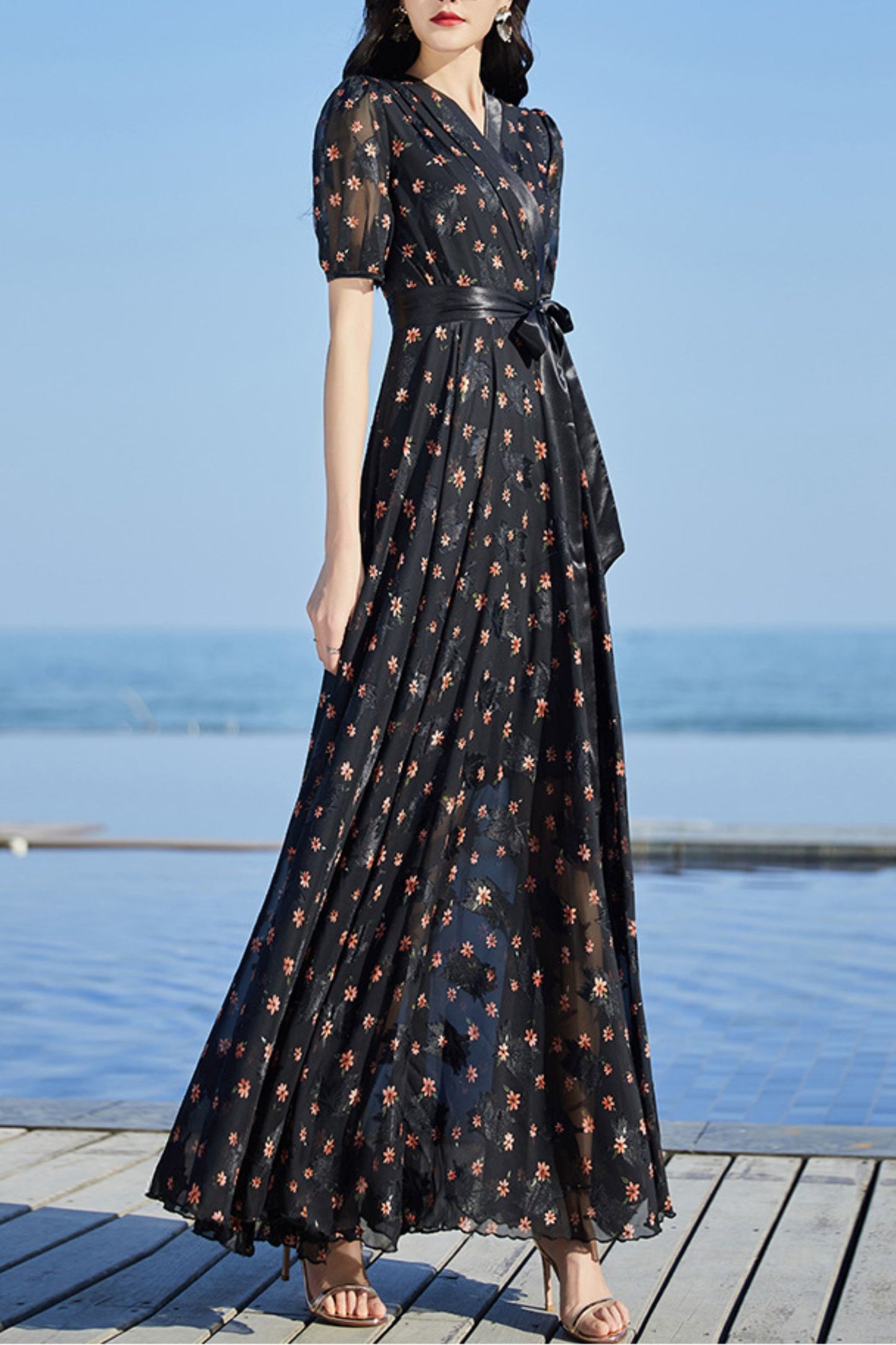 Black floral chiffon dress C4086