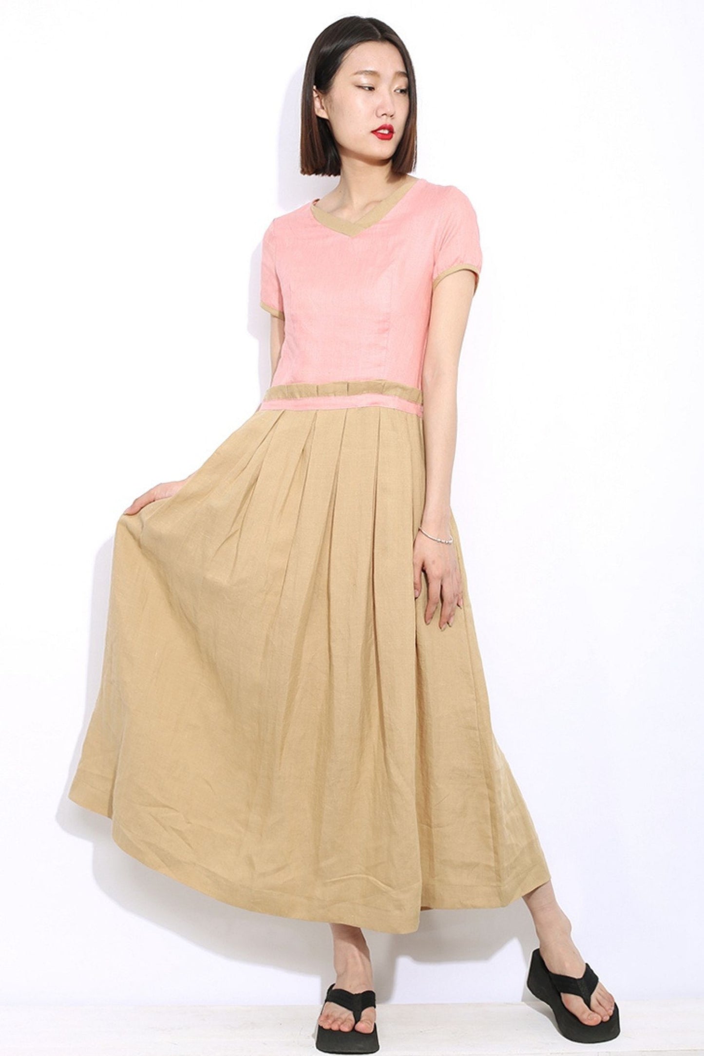 Long patchwork linen dress C296
