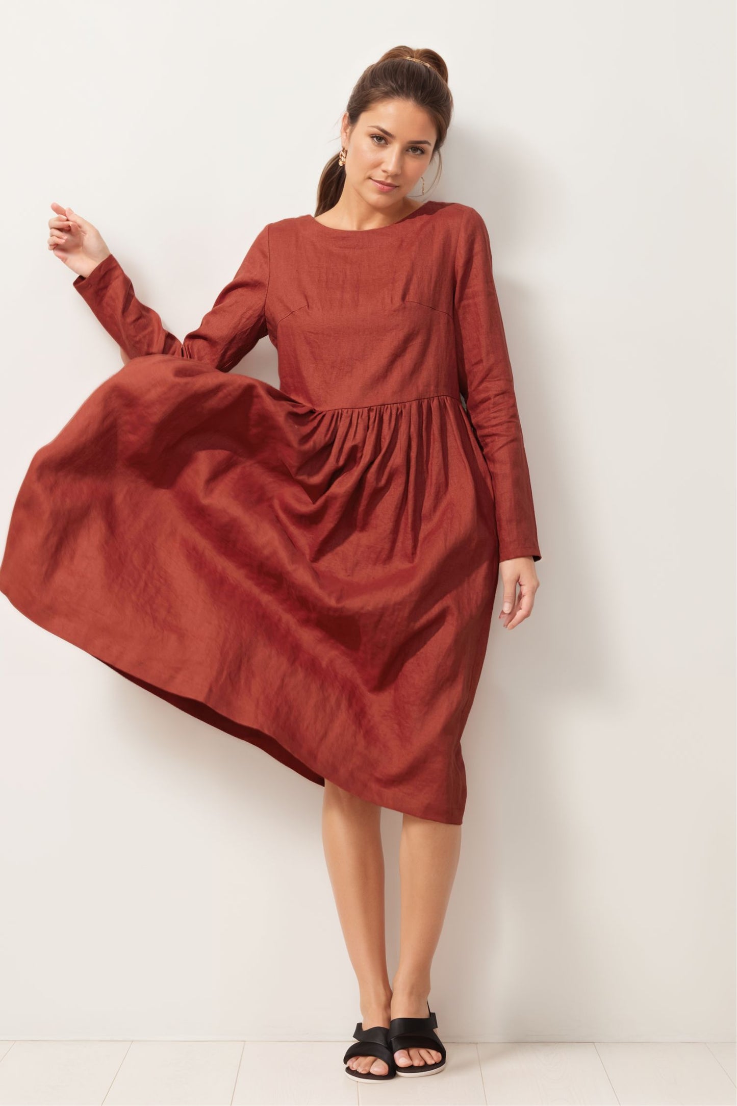 Orange loose linen midi dress C4006