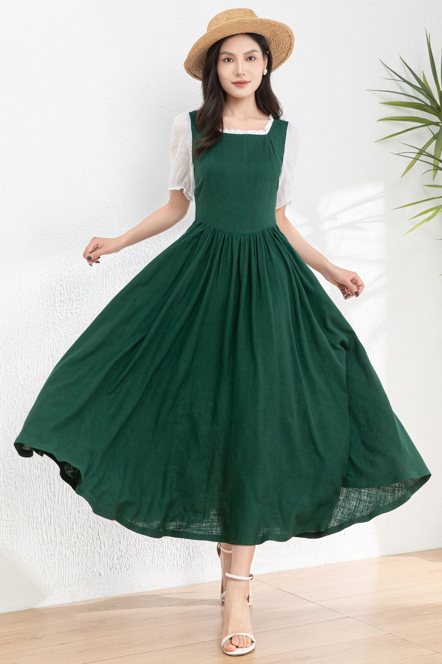 Womens dark green Linen midi Cottagecore Dress c4978