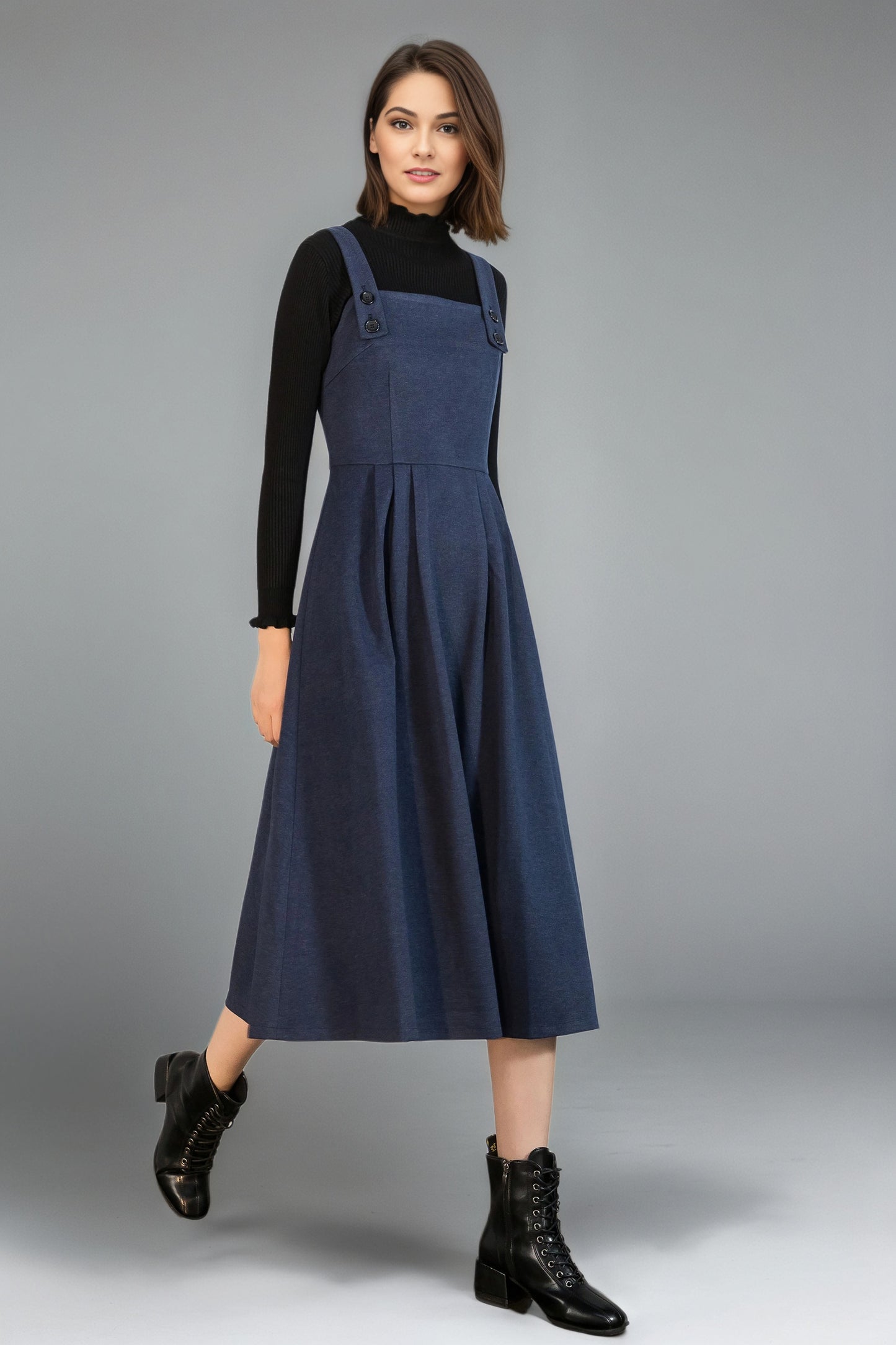 Blue Sleeveles Midi Wool Pinafore dress C5131