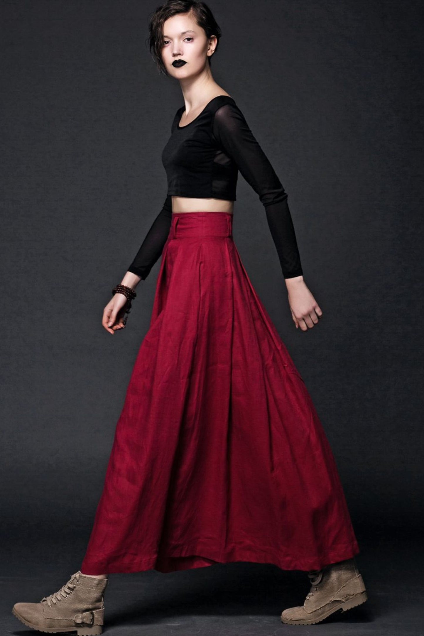 Red Linen Long Maxi Womens Skirt C493