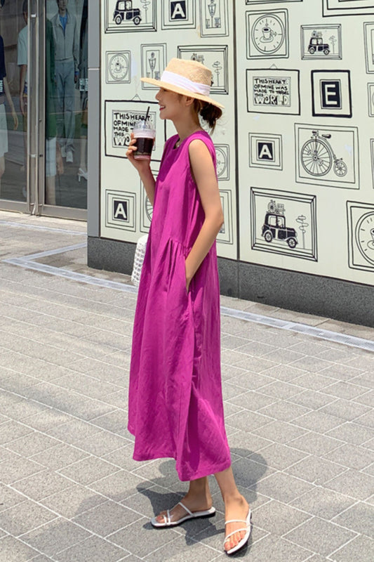 Purple Linen Dress - Loose Fit Sleeveless Vest Style C3893