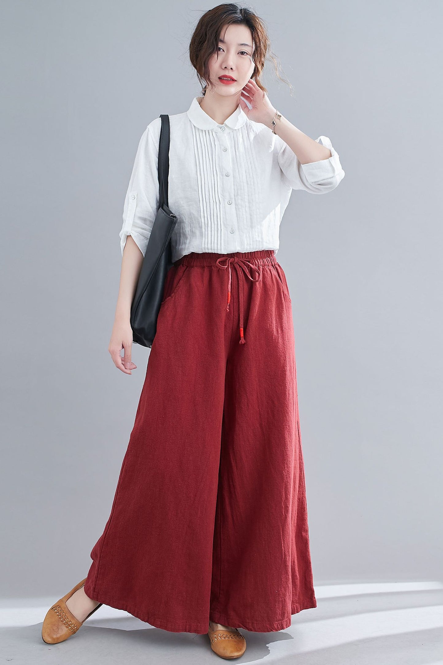 Red Elastic Waist High Waist Linen Pants C1865