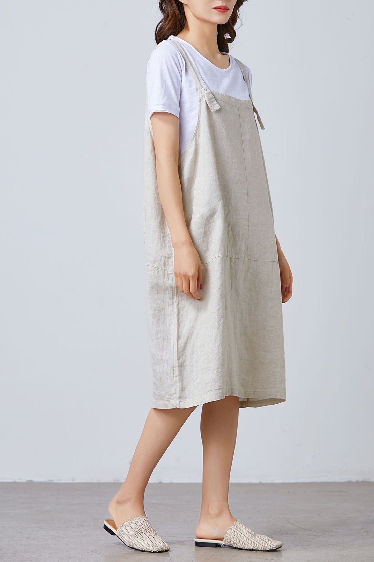 Women Casual Linen Vest Dress Strap Dress Loose Overalls With Pockets C1675