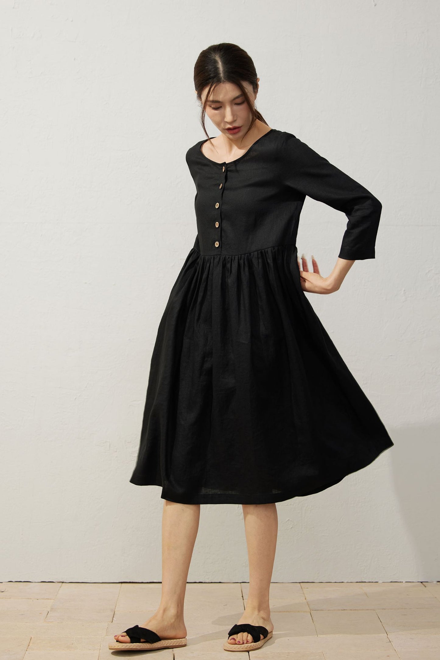 Black Linen Midi Dress with Button Detailing C3925