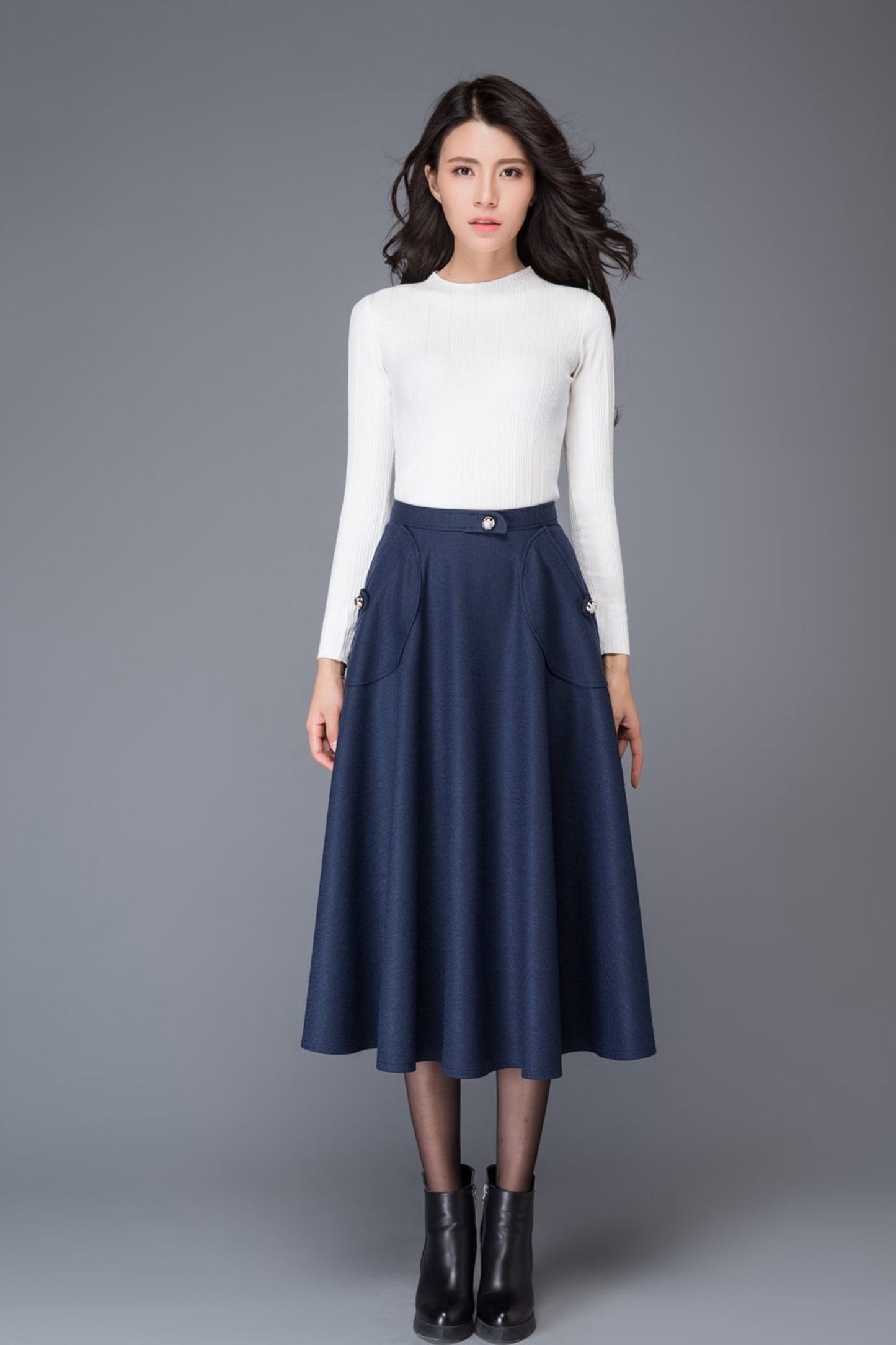 High waist blue midi winter wool skirt C1007
