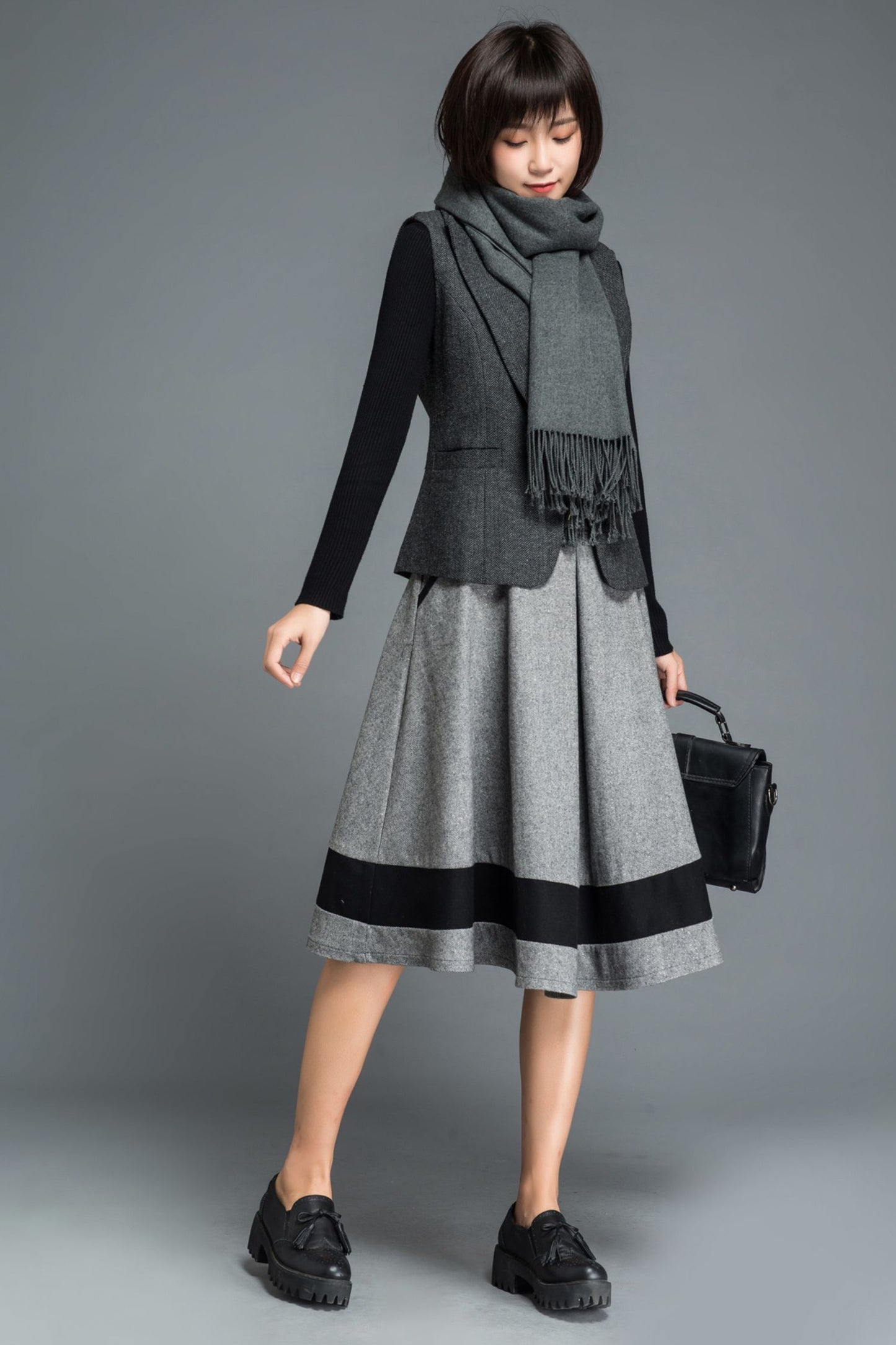Knee length block color winter wool skirt C1214